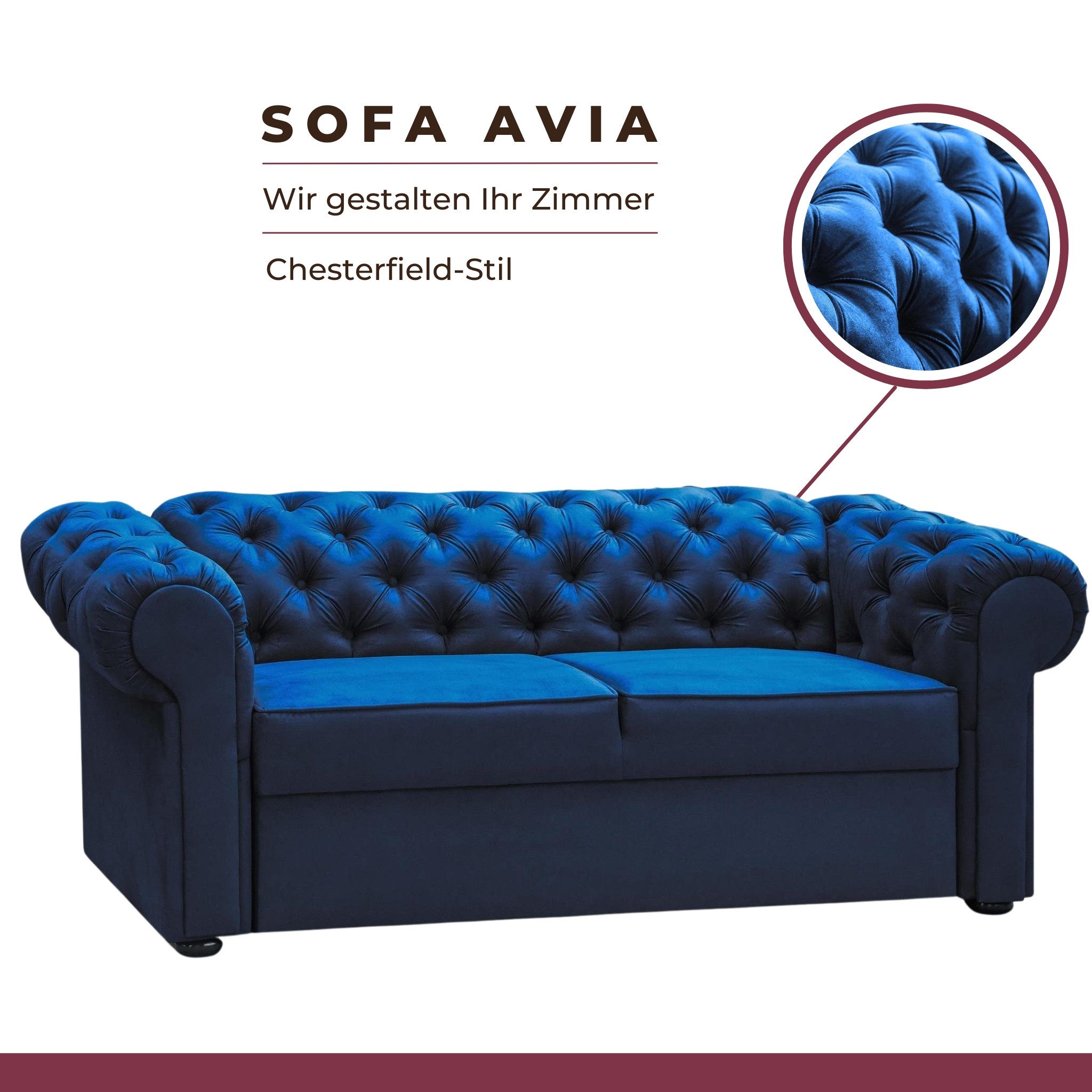MOEBLO 2-Sitzer Sofa AVIA, Chesterfield Couch Polstermöbel Sitzmöbel Wohnzimmermöbel 2-Sitzer-Sofa Stoffsofa, BxHxT:202x82x92 cm