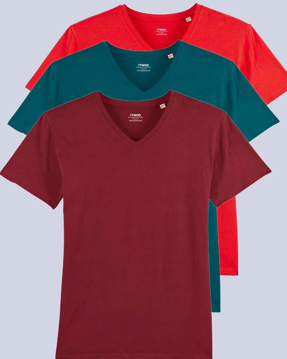 YTWOO T-Shirt 3er Pack V T-Shirt für Männer, Fair & Nachhaltig (Spar-Set, 3er Pack) Burgundy/Rot/Stargazer