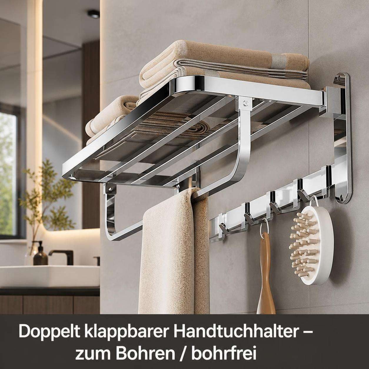 BBG Handtuchständer Klappbarer Handtuchhalter aus Edelstahl, 58 cm, 2-fach klappbar, mit Ablage und 6 Haken, platzsparender Wandhalter – Bild 3 von 5