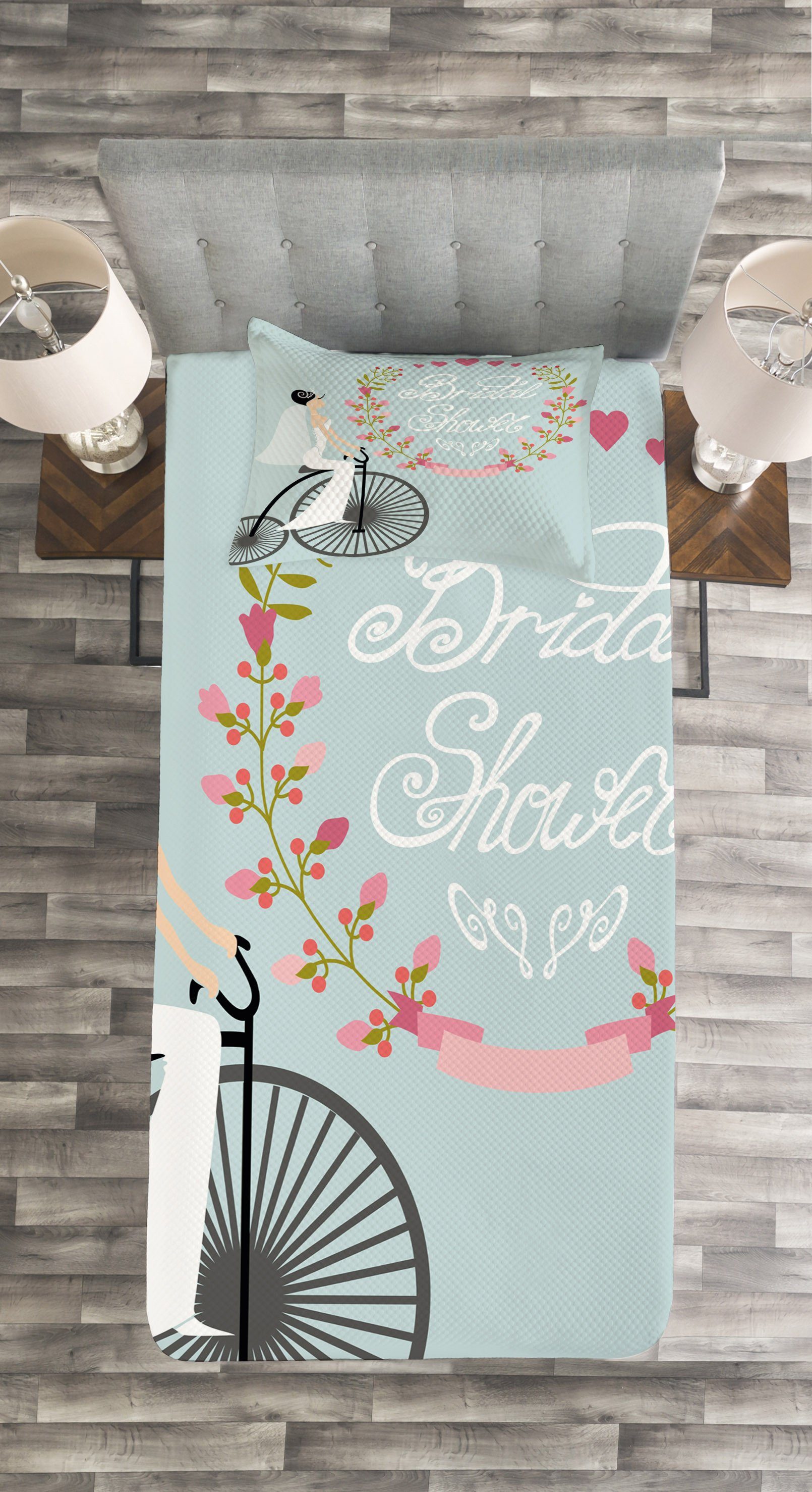 Tagesdecke Set mit Braut-Kleid-Fahrrad Blumen Abakuhaus, Kissenbezügen Waschbar