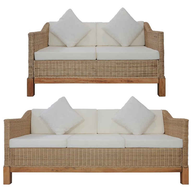 vidaXL Sofa 2-tlg. Sofagarnitur mit Auflagen Natur Rattan