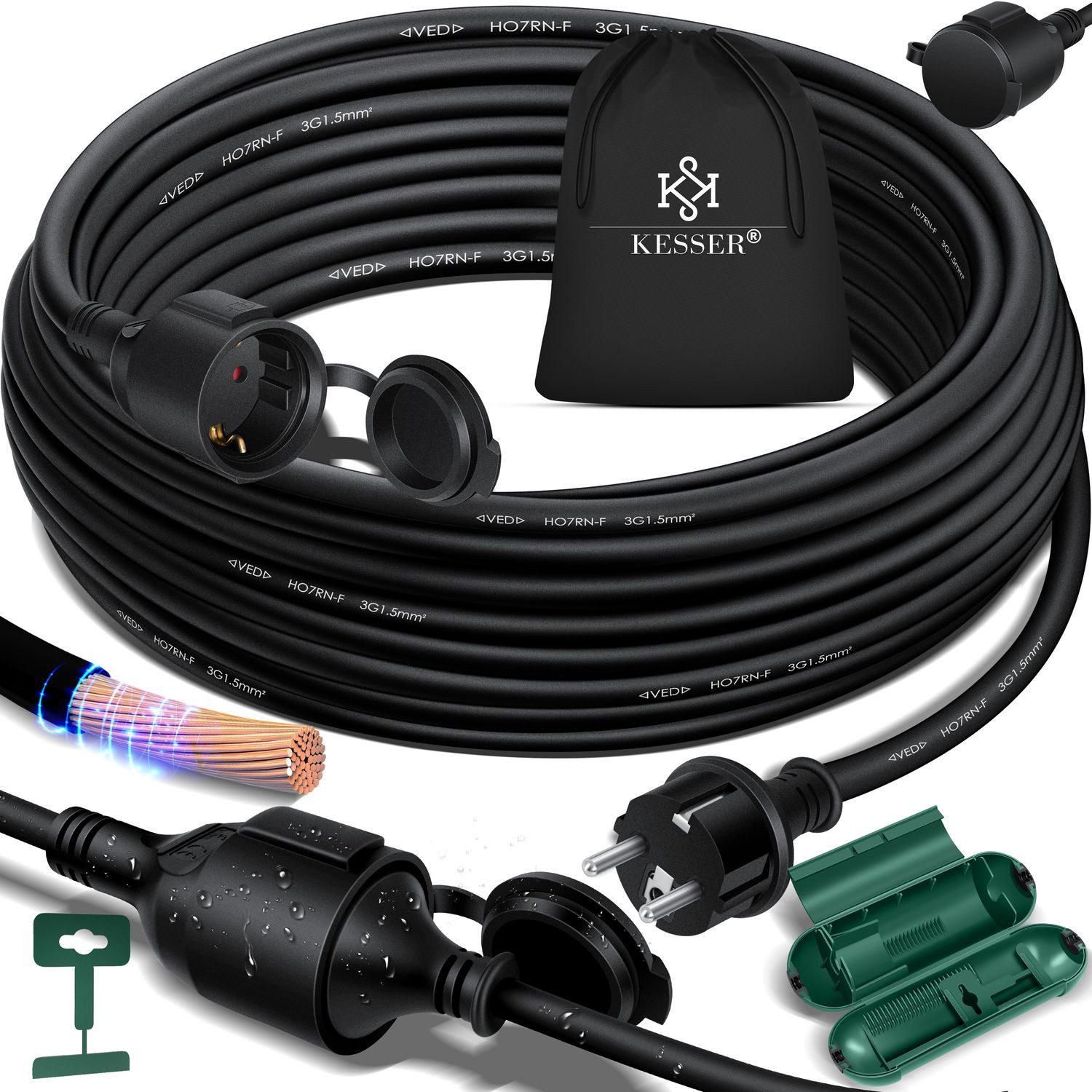 KESSER Verlängerungskabel, (15 cm), Verlängerungskabel mit Schutzkappe Outdoor für Innenbereich