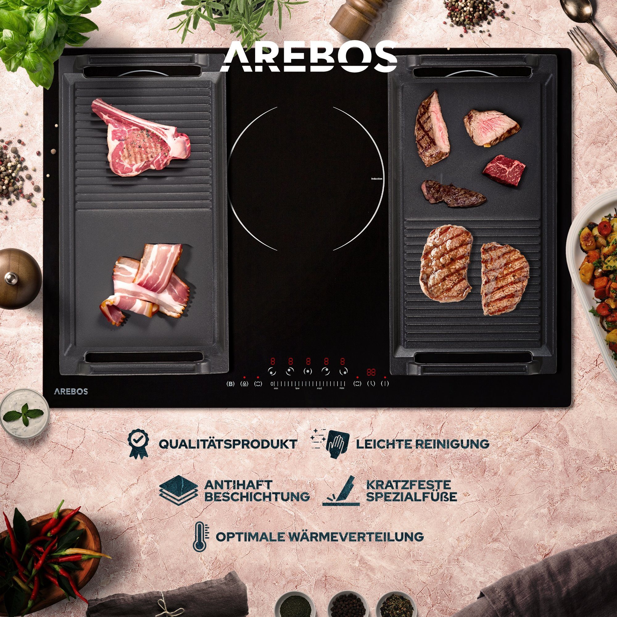 Arebos Grillplatte Grillpfanne Induktionsgrillplatte Gusseisen Bratpfanne BBQ