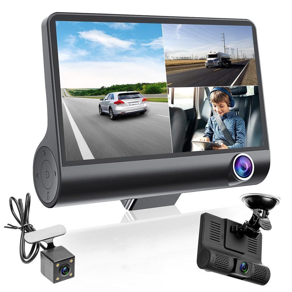 Hikity 4 Zoll 3-Wege-Auto-Kamera FullHD 1080P, 170° Weitwinkel Dashcam Dashcam (Abdichtung)