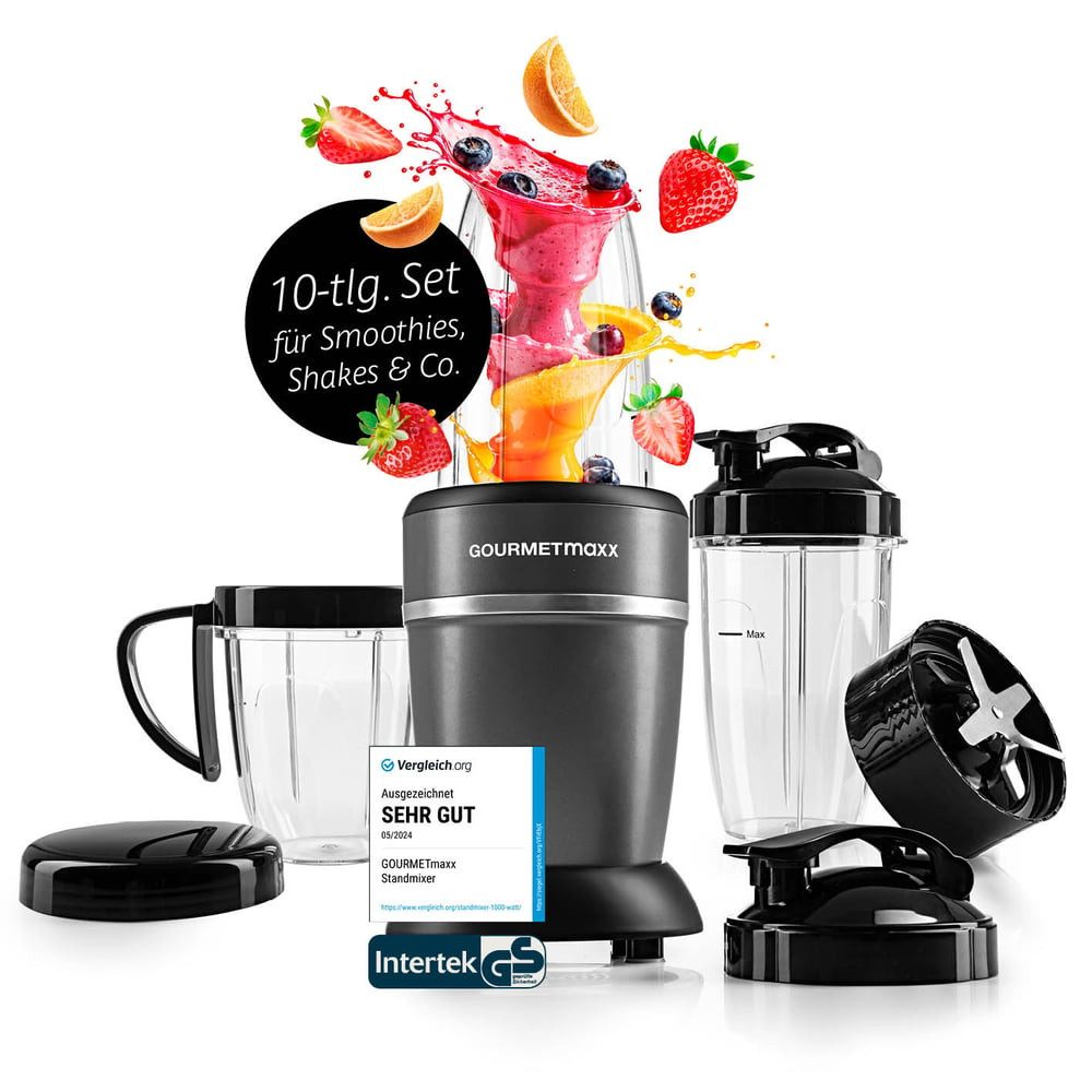 GOURMETmaxx Standmixer Nutrition Mixer 10-tlg., Smoothie Maker mit to go Deckel, 1000 W, mit Mixbecher & Frischhaltedeckel – ideal zum Aufbewahren