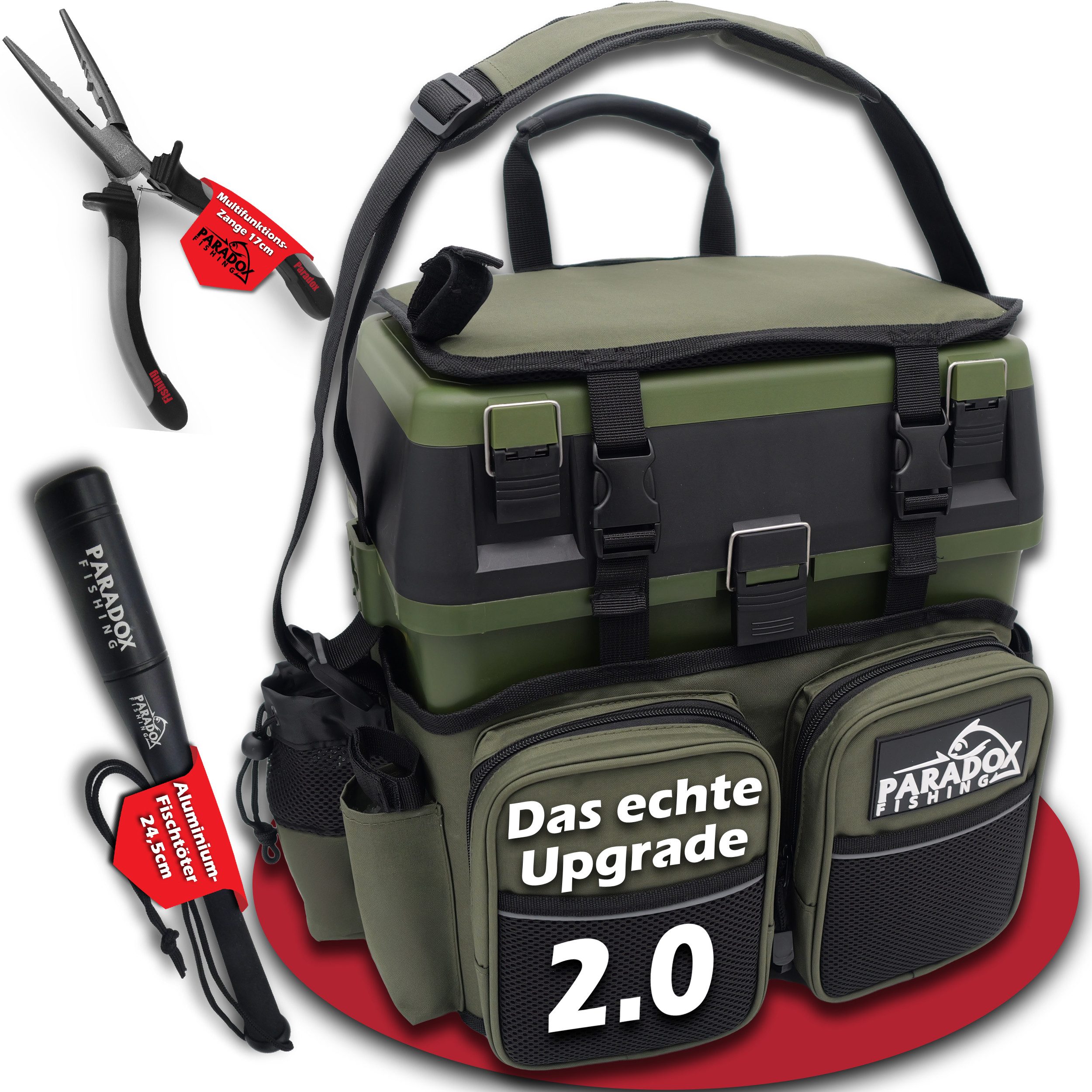 Paradox Fishing Angelrucksack Multifunktions-Sitzkiepe mit 4 Boxen im Deckel (3-tlg)