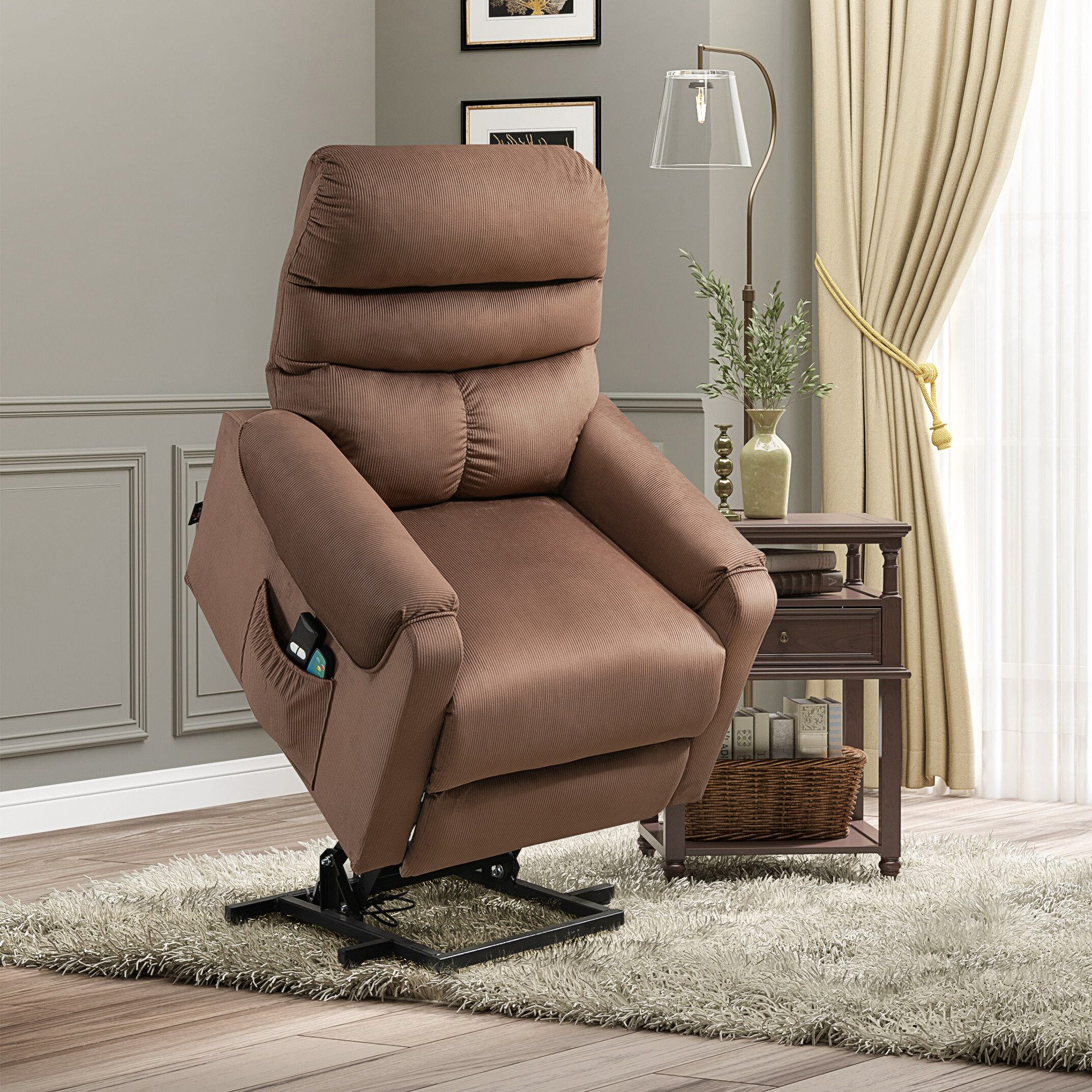 HOMCOM Massagesessel Fernsehsessel mit Aufstehhilfe, Massagesessel mit Liegefunktion (Set, 1-St., Massagesessel), Massagesessel mit Liegefunktion, Braun