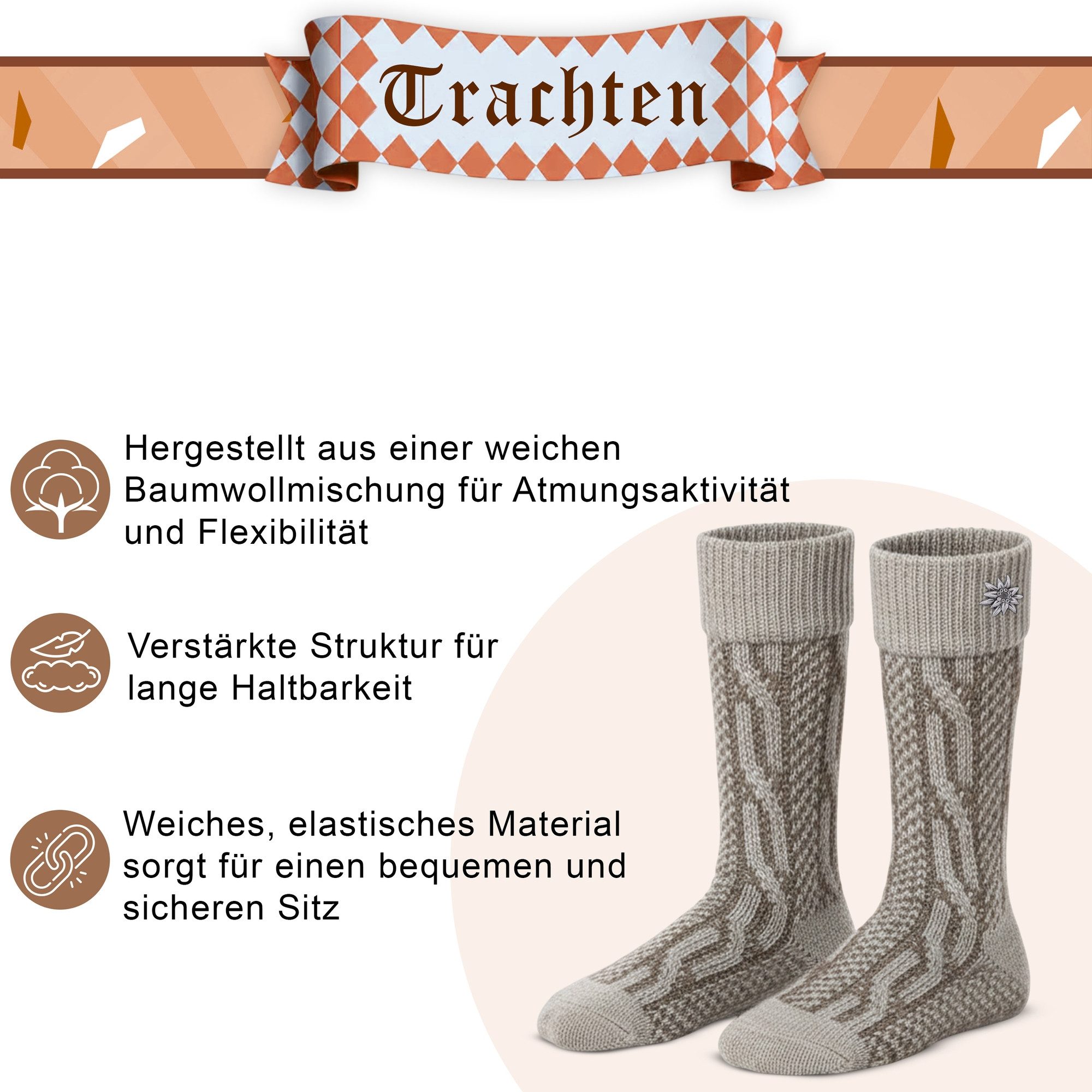 German Wear Trachtensocken Kids2-meliert-Edelweis Kinder Trachtensocken Kindersocken mit Edelweiss meliert – Bild 5 von 5