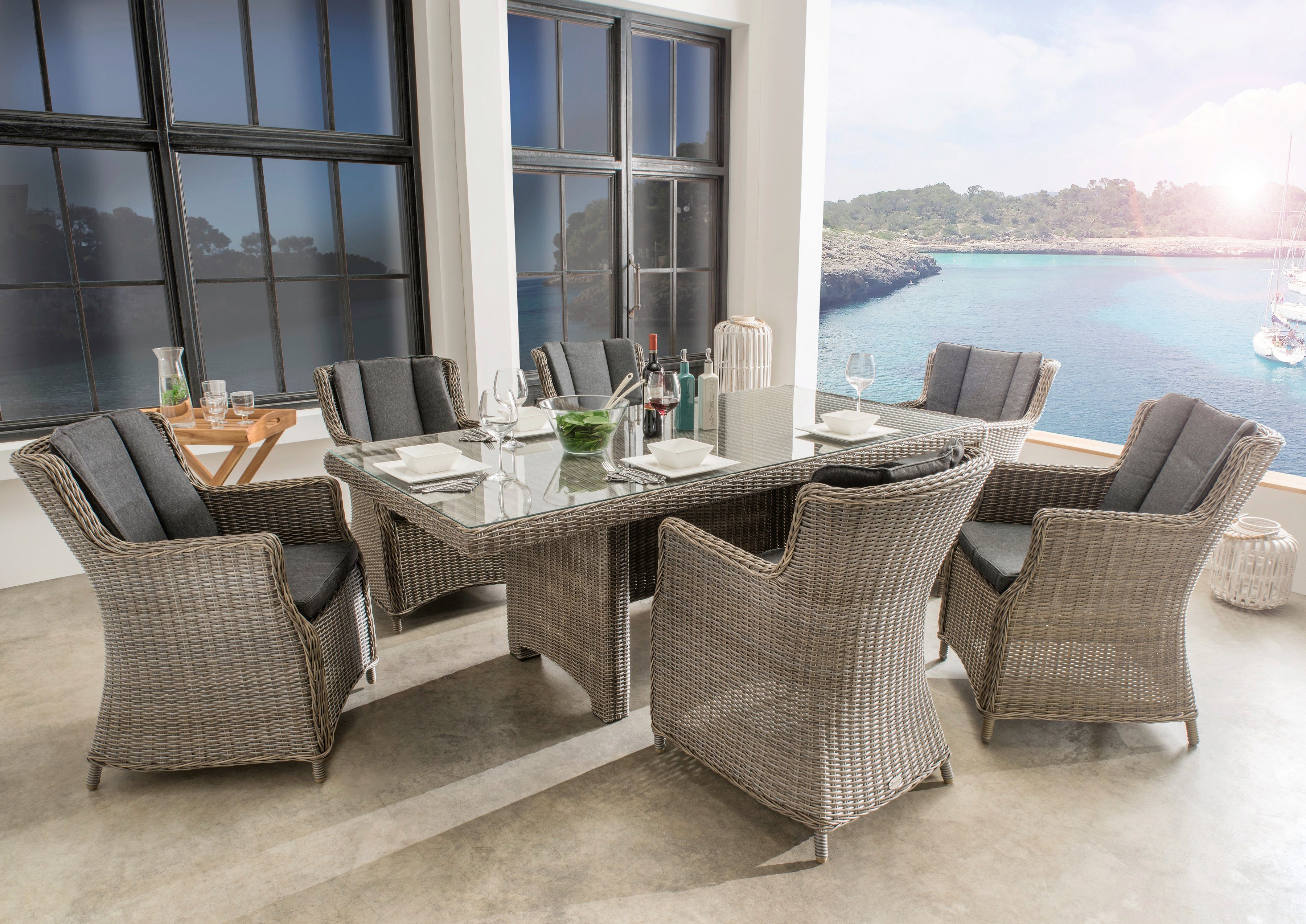 Destiny Garten-Essgruppe LUNA, (19-tlg., 6x Sessel, 1x Tisch, inkl. Auflagen), Aluminium, Polyrattan