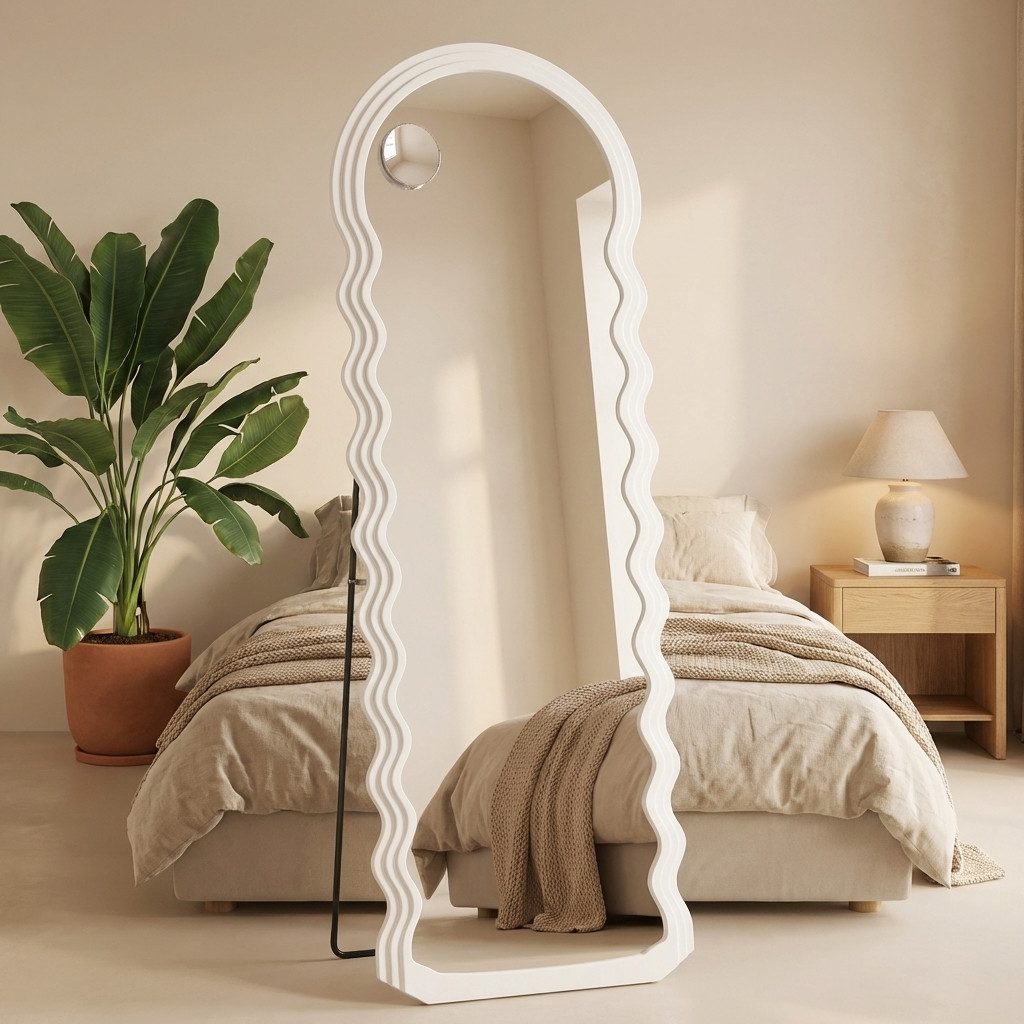 SONGMICS Standspiegel Ganzkörperspiegel, 160x50 cm, wellenförmiges, Schlafzimmer, Wohnzimmer, mit Ständer, MDF-Rahmen, Vergrößerungsspiegel
