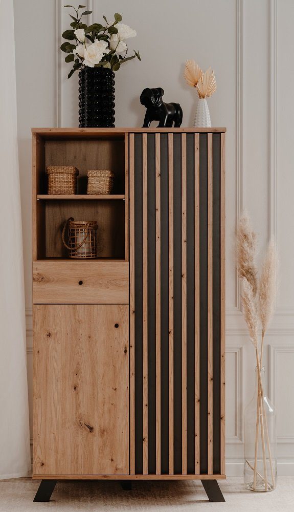 Finori Vitrine Highboard Medan, mit 3D-Lamellen, Artisan Eiche / anthrazit