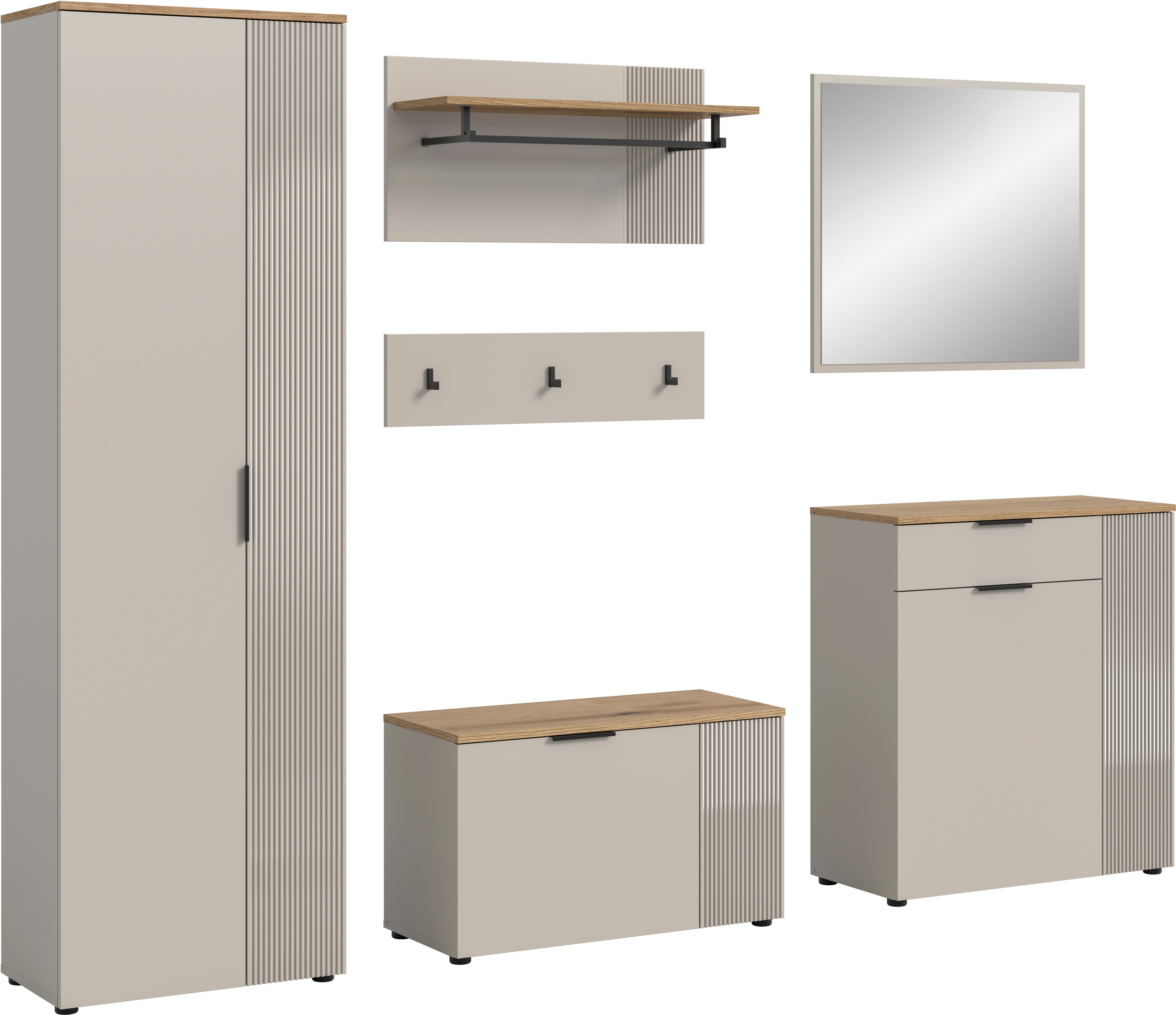INOSIGN Шкафы-Set EDIL, Breite 250 cm, 6-teilig, Front mit hochwertiger Längstfräsung, (Set, 5-St., Hochschrank, Sitzbank, Paneel, Hakenleiste, Kommode & Spiegel), Шкафыkombination, Kombination, Set, Garderobe, Flurgarderobe