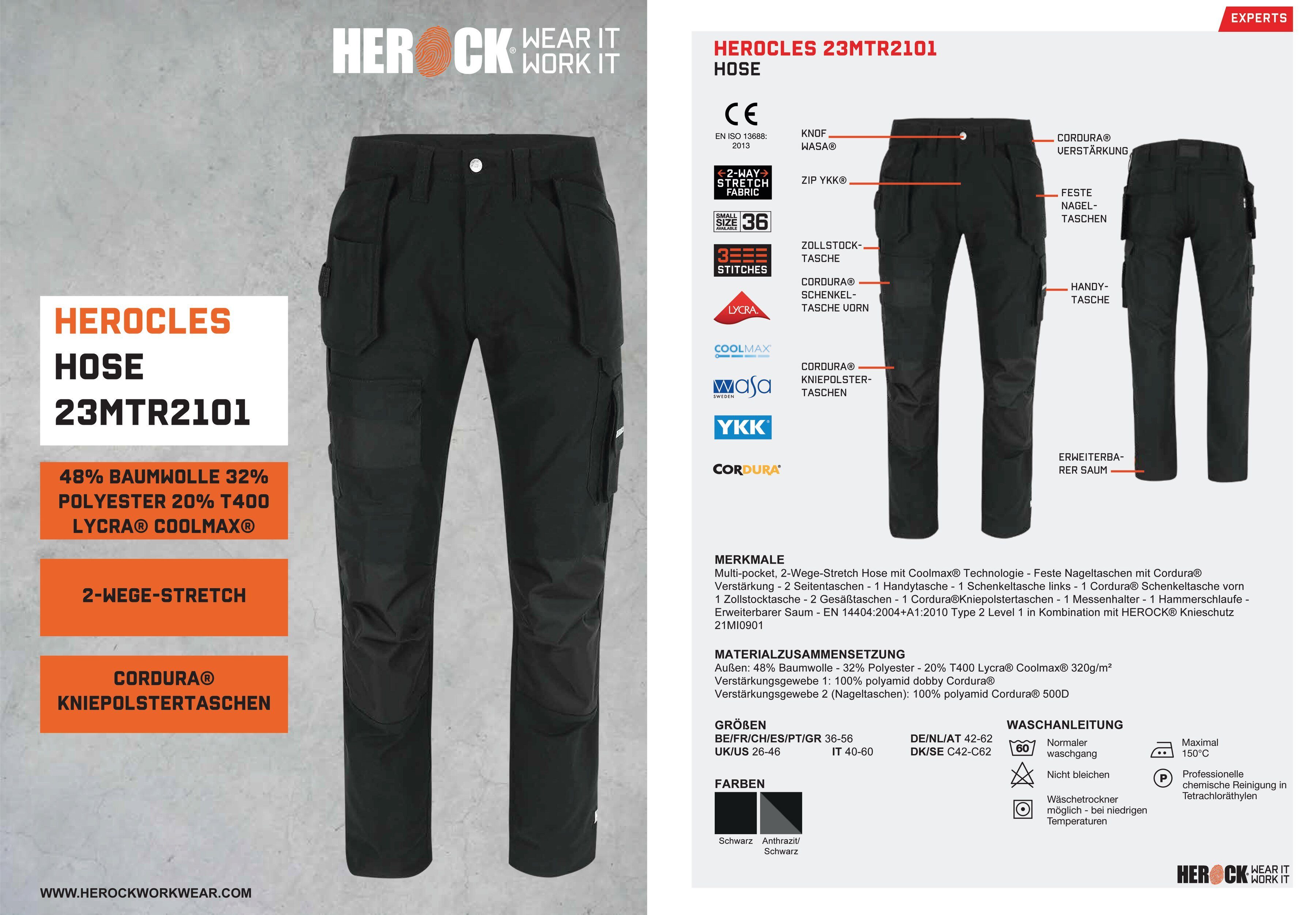 Herock Arbeitshose robust, Technologie) (Coolmax® HEROCLES Multi-pocket, sehr feste Stretch, schwarz Nageltaschen