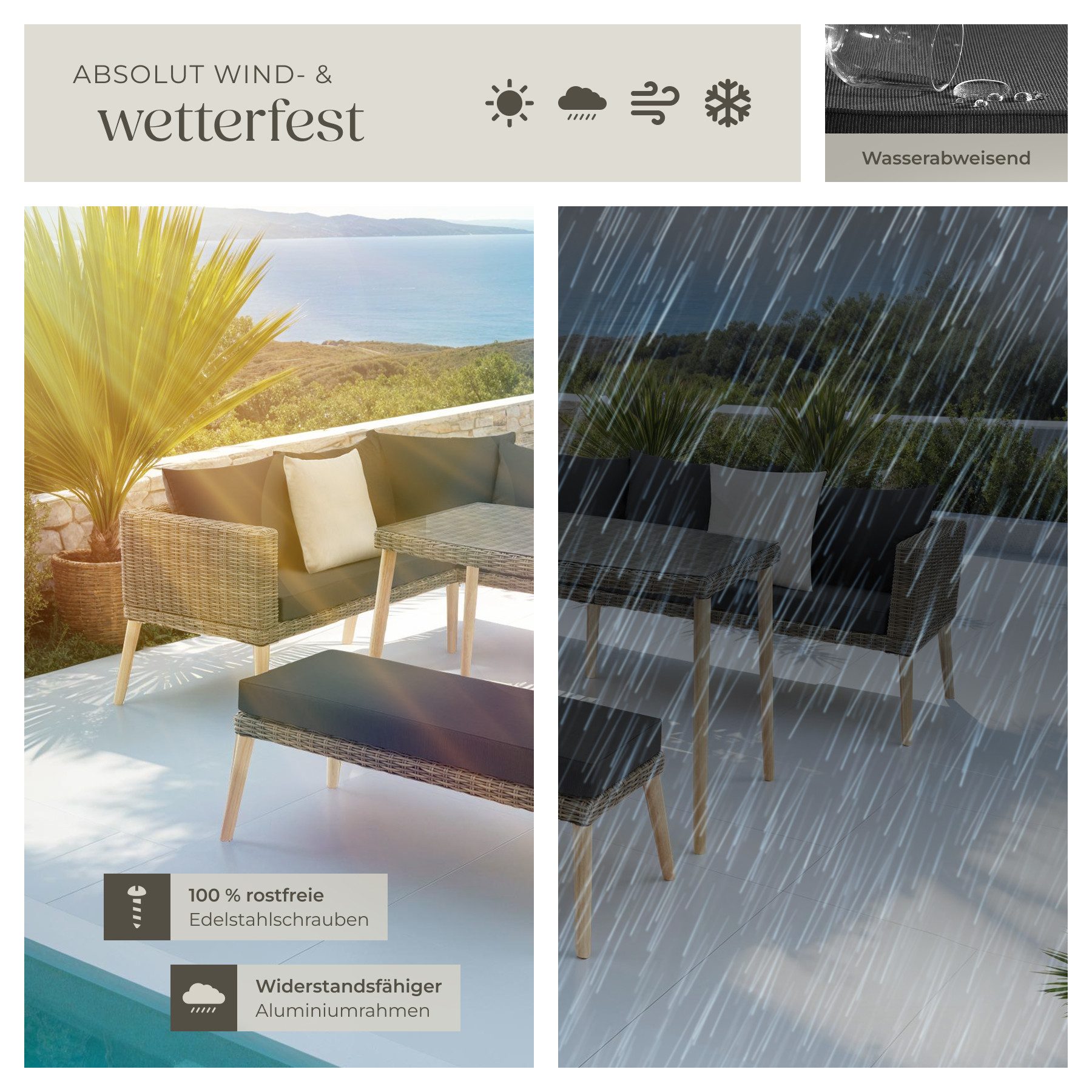 tectake Loungeset Rattan Lounge, (Set., 3-tlg), Stabiles Gestell aus leichtem und rostfreiem Aluminium