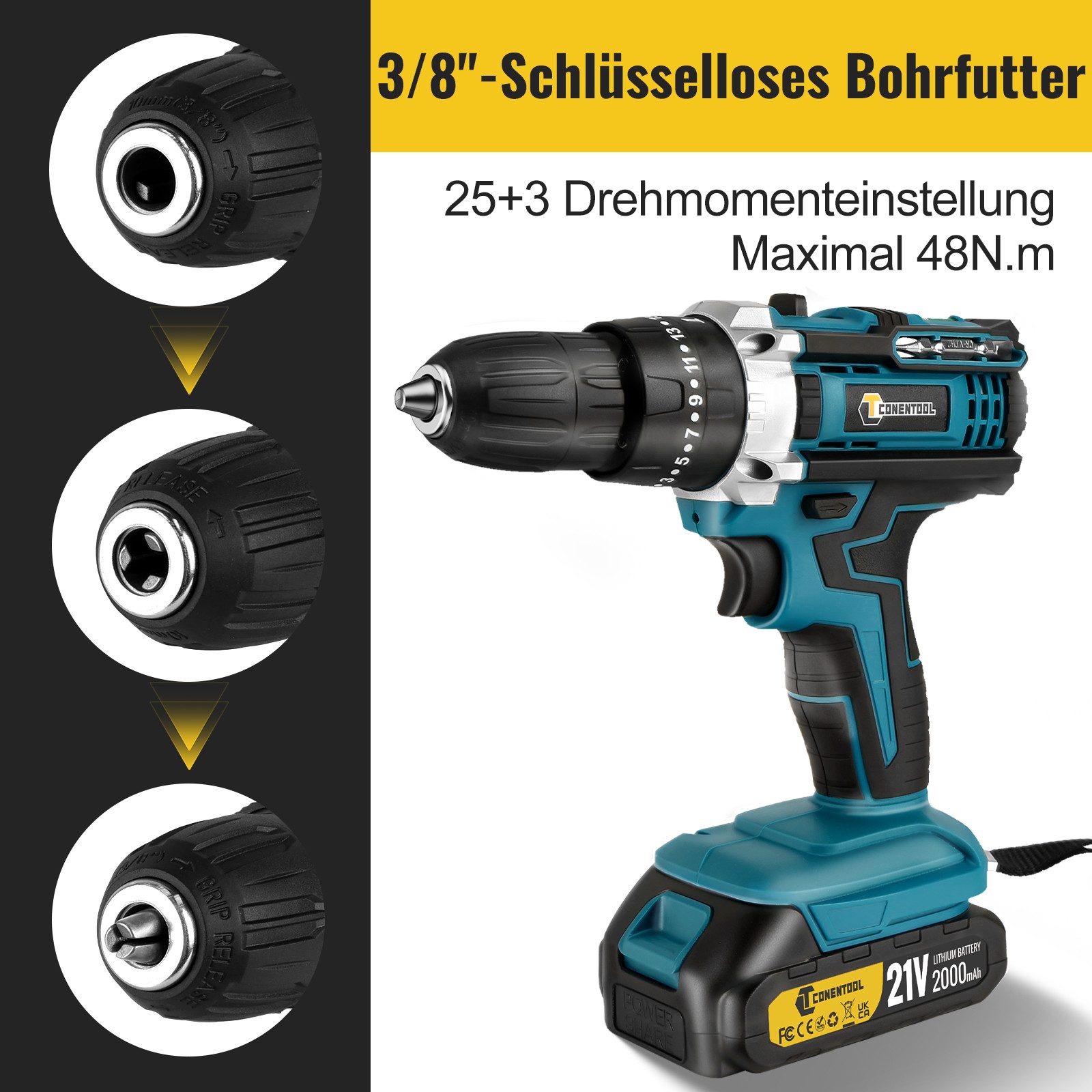 CONENTOOL Akku-Schrauber Akkuschrauber und Bohrschrauber, 1850 U/min, 48 Nm, (Set, 21V), mit 2 x 2000mAh Akkus & 30-tlg. Zubehörset Akku-Schlagbohrschrauber