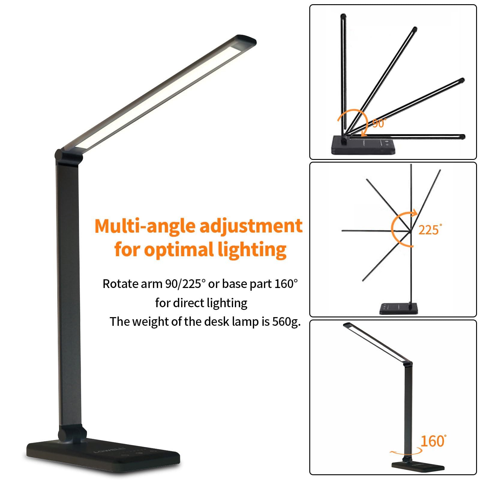 LQWELL Schreibtischlampe LED Schreibtischlampe Dimmbar Metallmaterial, LED fest integriert, 5 Farben & 10 Helligkeitsstufen Augenfreundliche Nachttischlampe, USB-Aufladung, Touch-Steuerung & Memory-Funktion