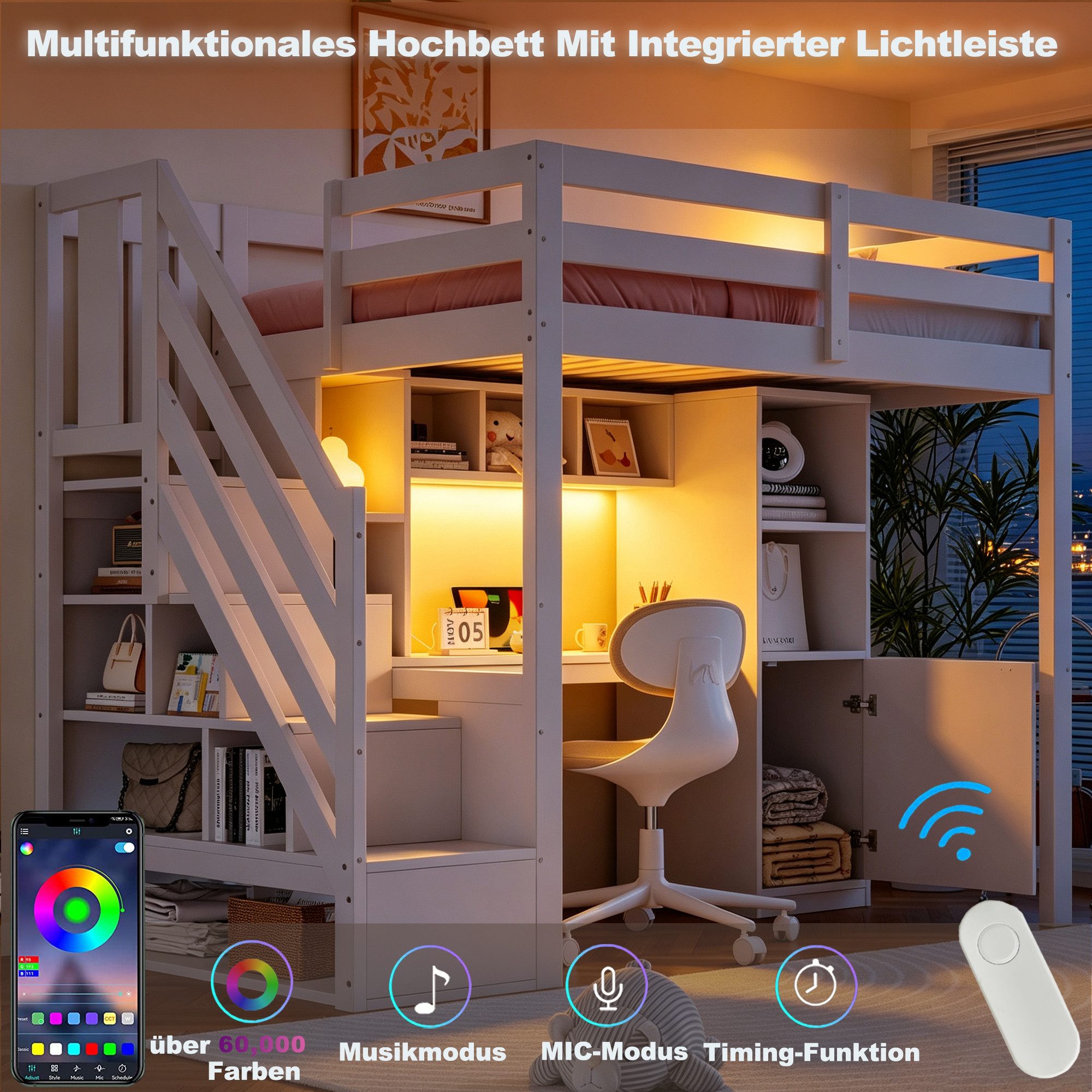Flieks Hochbett Kinderbett 90x200cm mit Stauraumtreppe, Schreibtisch, LED & Aufladen