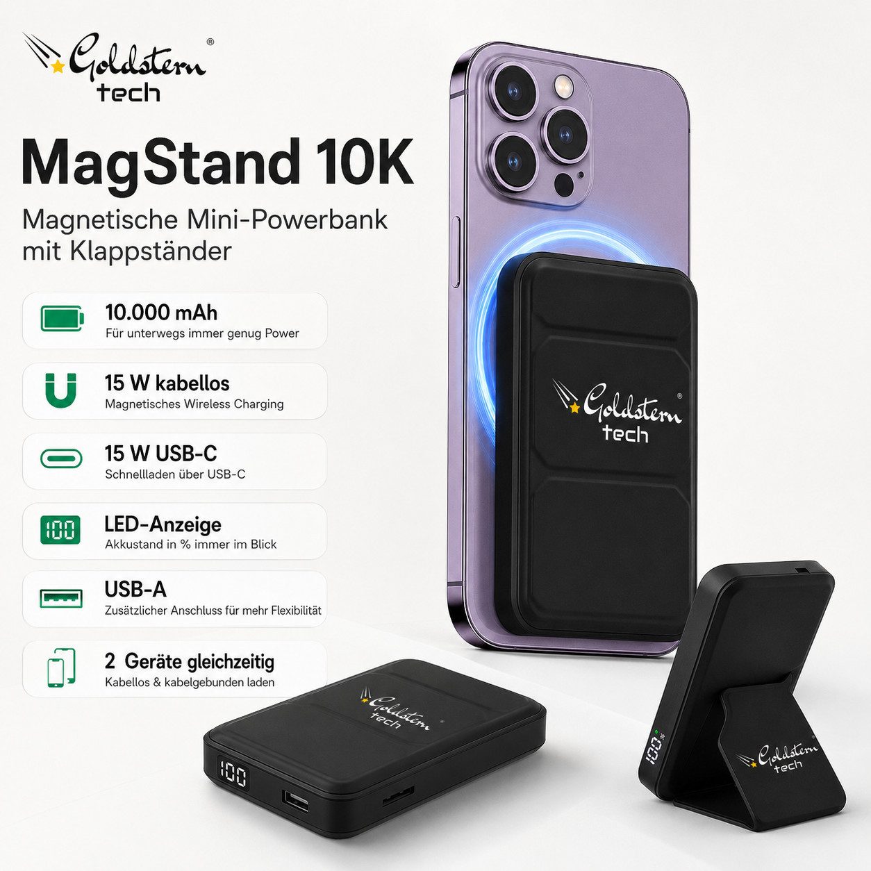Goldstern-Tech MagStand 10K Powerbank Schnelladefunktion, MagSafe Externes Ladegerät 15W 10000 mAh, magnetischem Wireless Charging, LED-Anzeige, Klappständer & USB-C