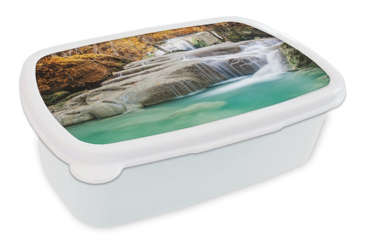 MuchoWow Lunchbox Wald - Wasserfall - Herbst, Kunststoff, (2-tlg), Brotbox für Kinder und Erwachsene, Brotdose, für Jungs und Mädchen weiß