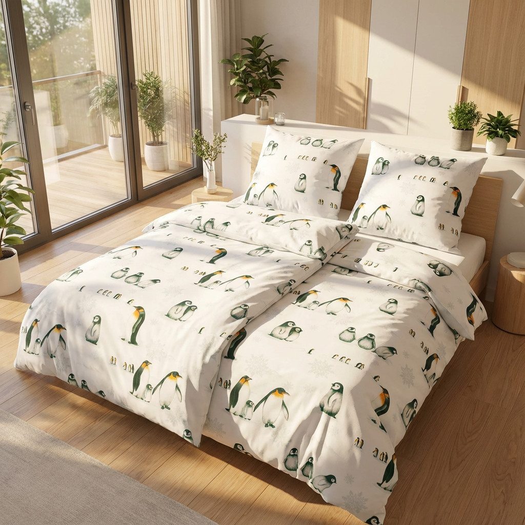 Janine Bettwäsche Edel Baumwolle, Flanell, 2 teilig, Pinguine, eisblau günstig online kaufen