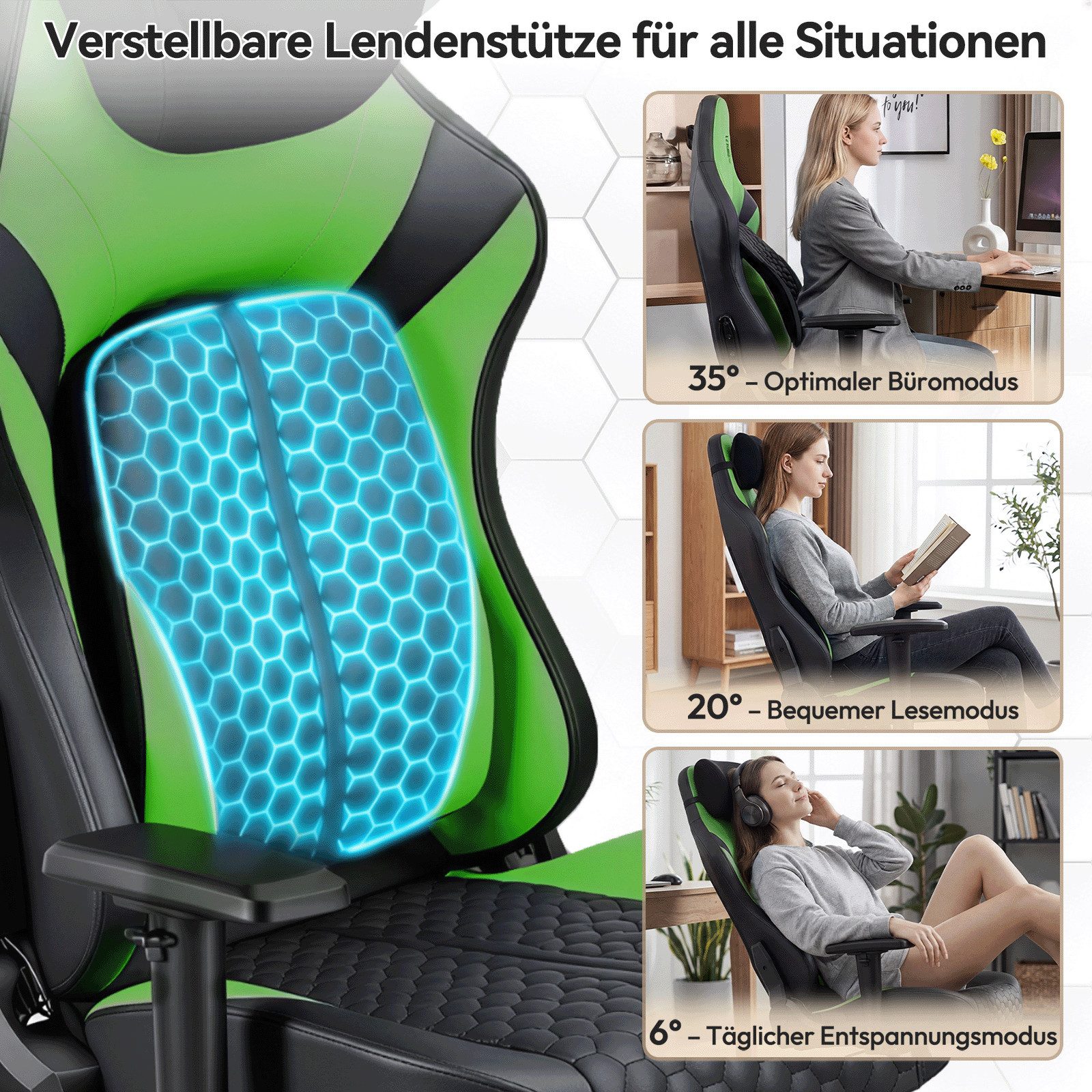 HOMALL Gaming-Stuhl gaming stuhl,mit verstellbarer Lendenstütze 6°-35°, 2D-Armlehnen,Rückenlehne 90°-135° verstellbar,150kg Belastbarkeit