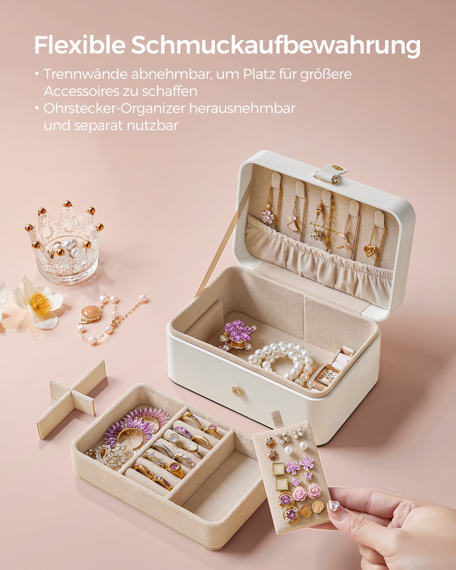 SONGMICS Schmuckkasten Schmuckkästchen Reise, Schmuckaufbewahrung, für größere Accessoires, 2 Ebenen, tragbar, Schmuck-Reiseetui, Geschenkidee, wolkenweiß – Bild 5 von 5