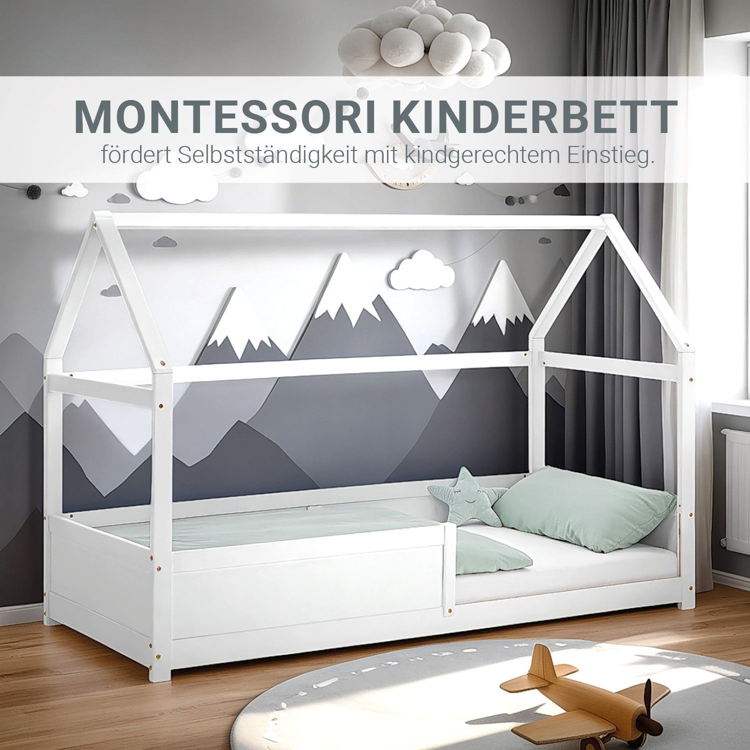 Homestyle4u Kinderbett 90x200 Hausbett Bodenbett Rausfallschutz Weiß Dach H günstig online kaufen