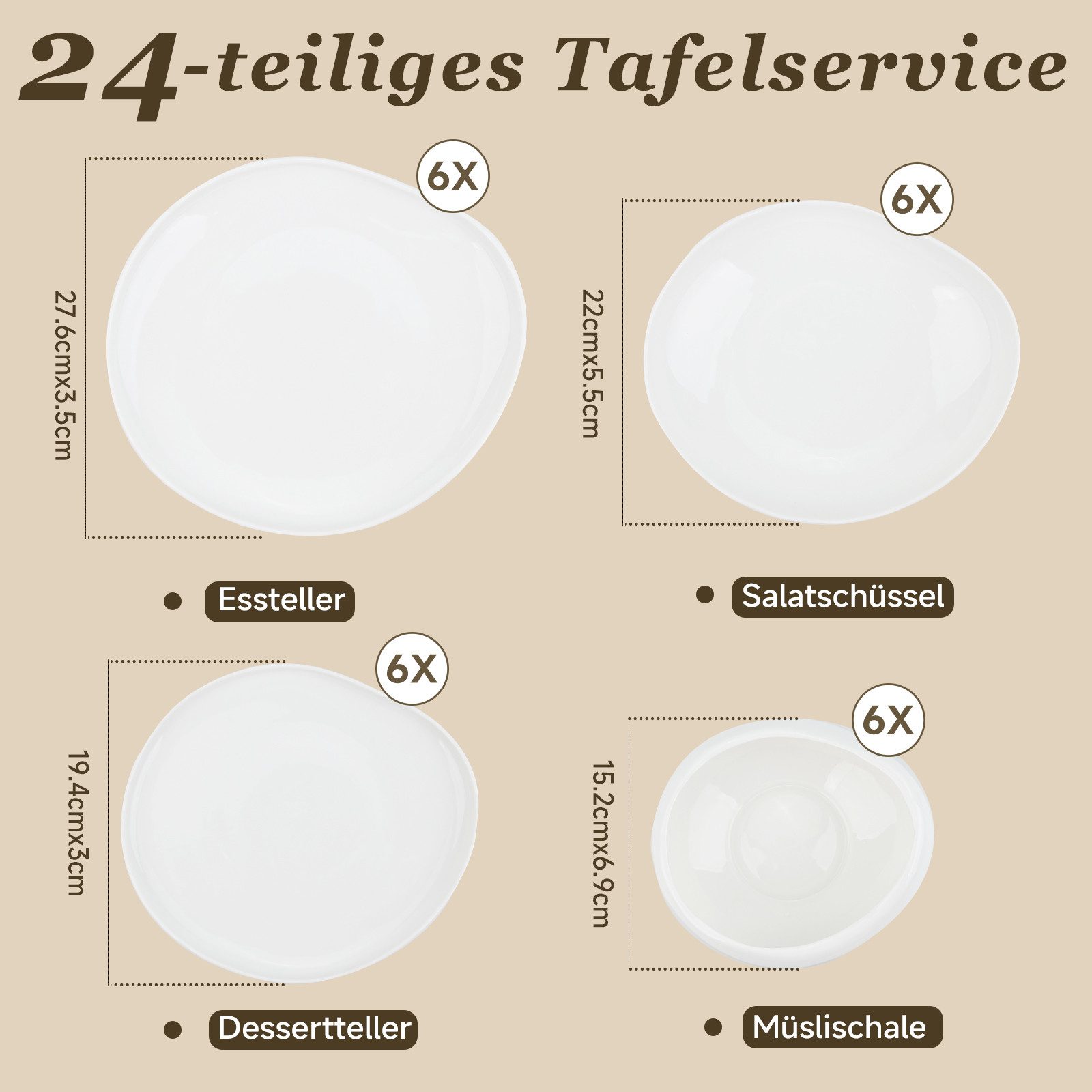HOMELUX Geschirr-Set 24-tlg Teller Set Tafelservice Kombiservice Geschirrset Modernes, Weiß (24-tlg), 6 Personen, Keramik, Hochwertiges Geschirr set, spülmaschinen- & mikrowellengeeignet
