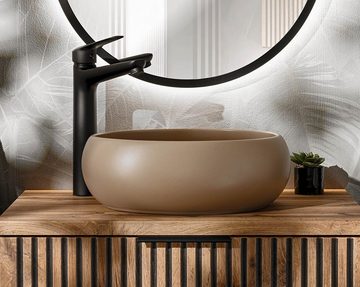 einfachgutemoebel Waschtisch-Set Aufsatz-Waschbecken 36x36xm rund, Keramik, beige-matt cappuccino, (Waschbecken, 1-St., Waschbecken)
