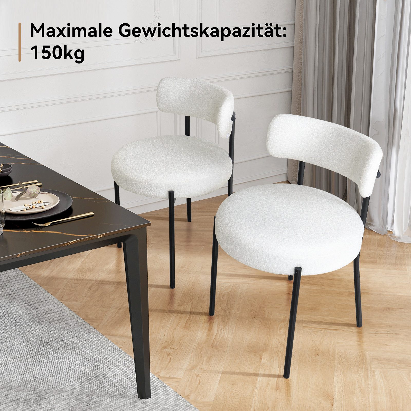 Puluomis Esszimmerstuhl (2/ 4/6er Set Bouclé mit Rückenlehnen, Polsterstühle Küchenstühle mit Metallbeinen, für Esszimmer Küche Wohnzimmer Schlafzimmer, Modern Retro Design, 2 St), Weiß, Schwarz