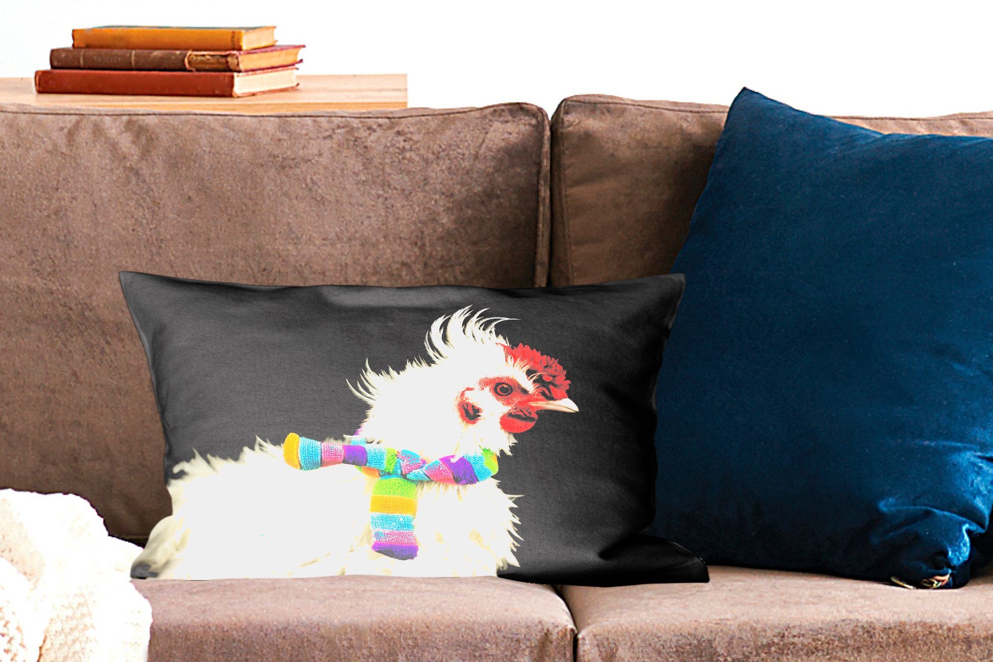 Wohzimmer Kopftuch mit Dekokissen schwarzem Schlafzimmer Zierkissen, Huhn vor Füllung, MuchoWow mit Hintergrund, Dekokissen Dekoration,