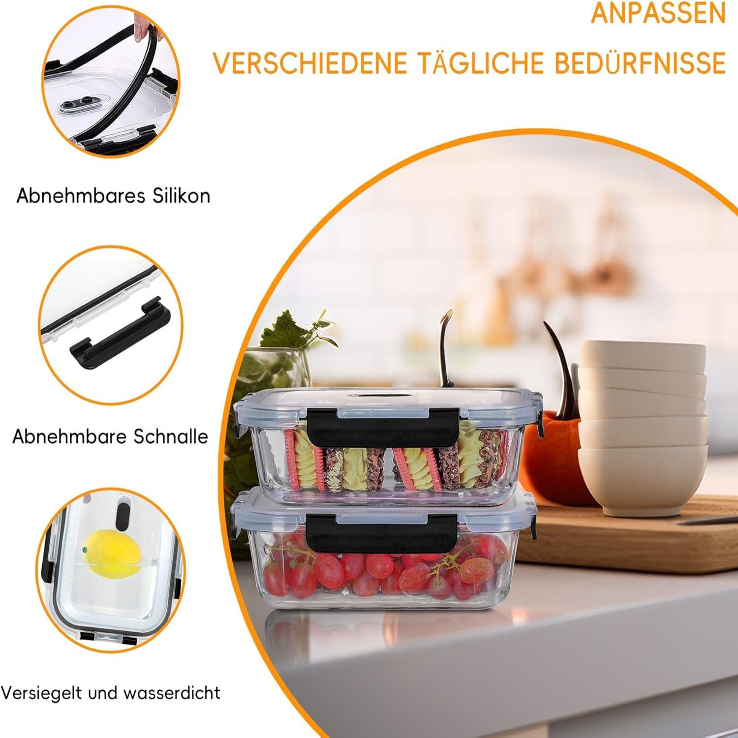 KingLux Frischhaltedose Meal Prep Boxen Glas,Vorratsbehälter Glas, Glasbehälter Mit Deckel, Borosilikatglas, (6-tlg)