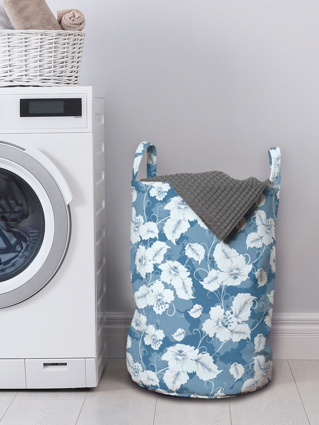 Abakuhaus Wäschesäckchen Retro Waschsalons, Design Blumen Blue Blumen Kordelzugverschluss für Wäschekorb mit Griffen