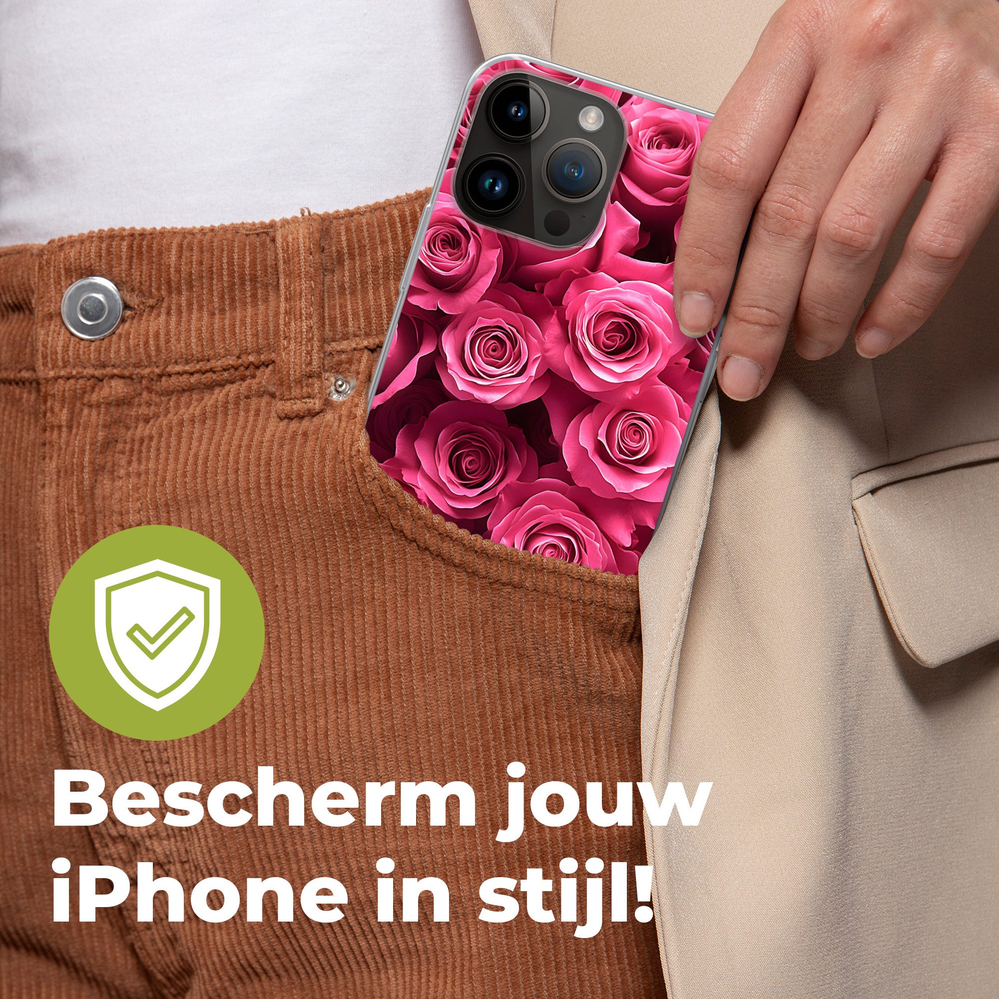 MuchoWow Handyhülle für Apple iPhone 14 Pro Max Rosen - Rosa - Blume, Smartphone-Bumper, Print, Handy Schutzhülle Dünn