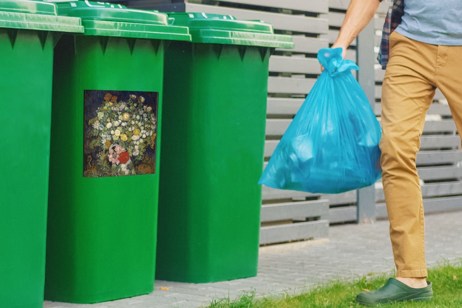 MuchoWow Wandsticker Blumenstrauß Abfalbehälter (1 Sticker, - einer Mülltonne, Gogh Container, Mülleimer-aufkleber, St), Vase Vincent in van
