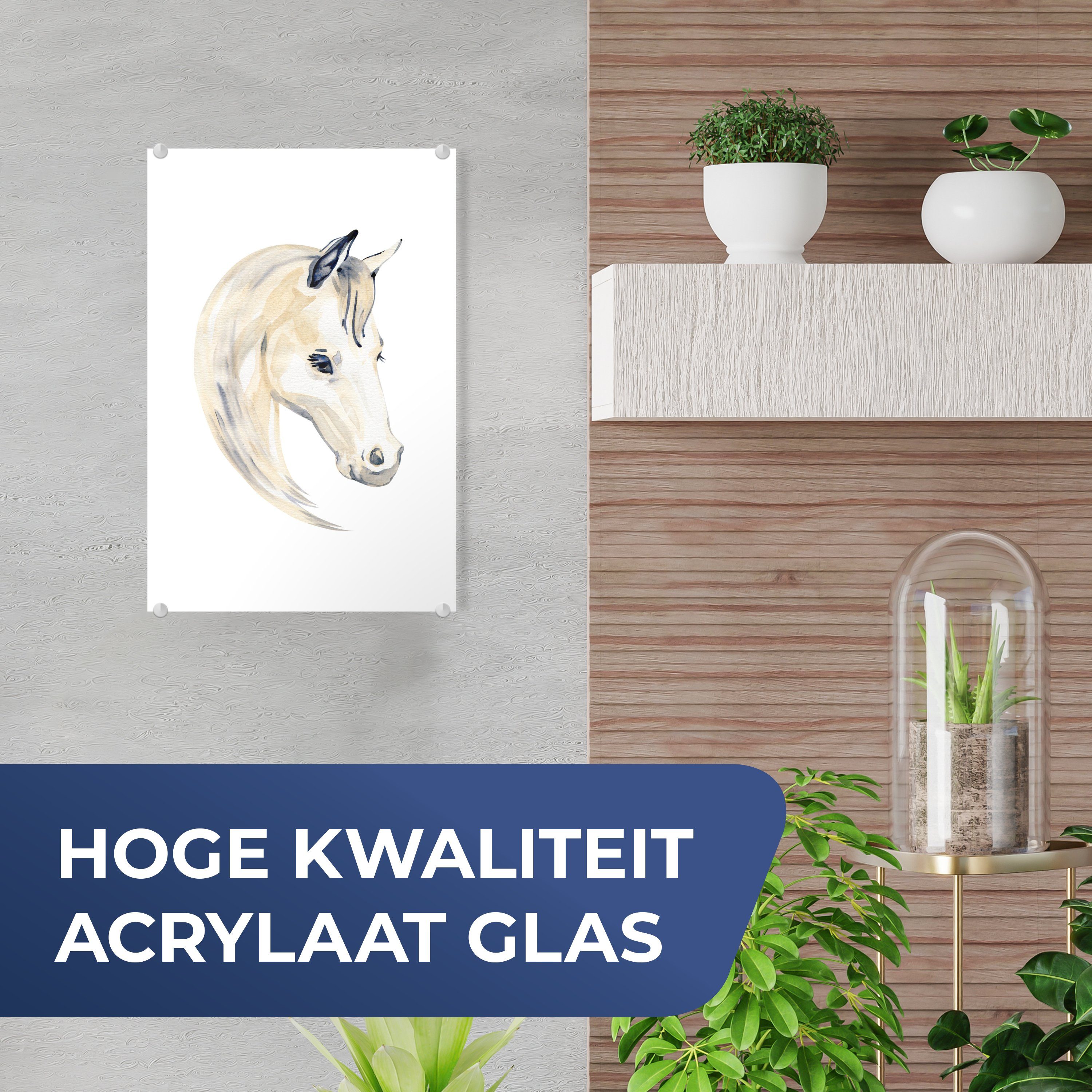 MuchoWow Acrylglasbild Pferd - Aquarell Weiß - Bilder Glas St), - Mädchen - Mädchen, auf Glas - auf Wanddekoration Wandbild Foto - (1 Glasbilder - - Kinder