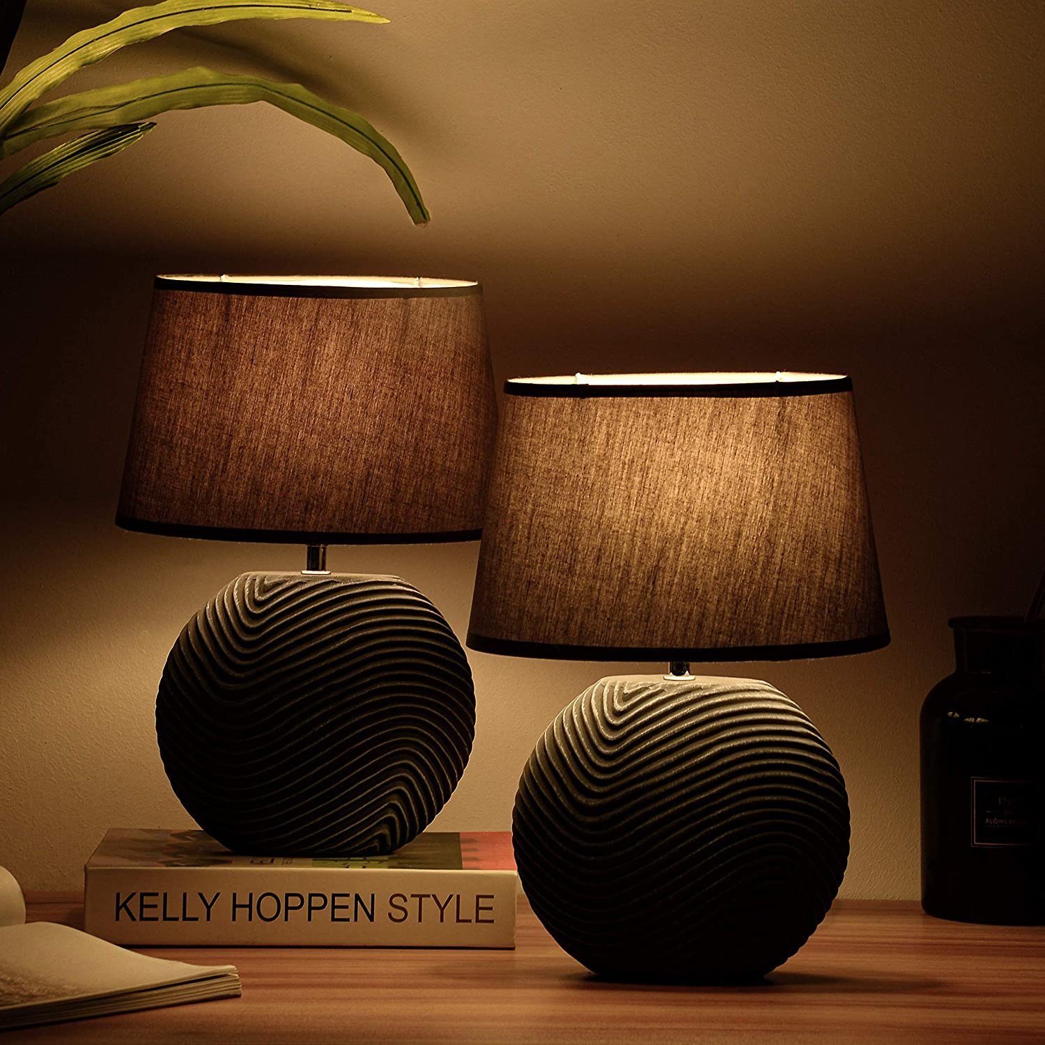 Nachttischlampen Nachttischlampe - Set - 2er Modern BRUBAKER mit Anthrazit Tischlampen moderne Keramikfuß "Zen Leuchtmittel, Tischlampe Garden", Set ohne 2x