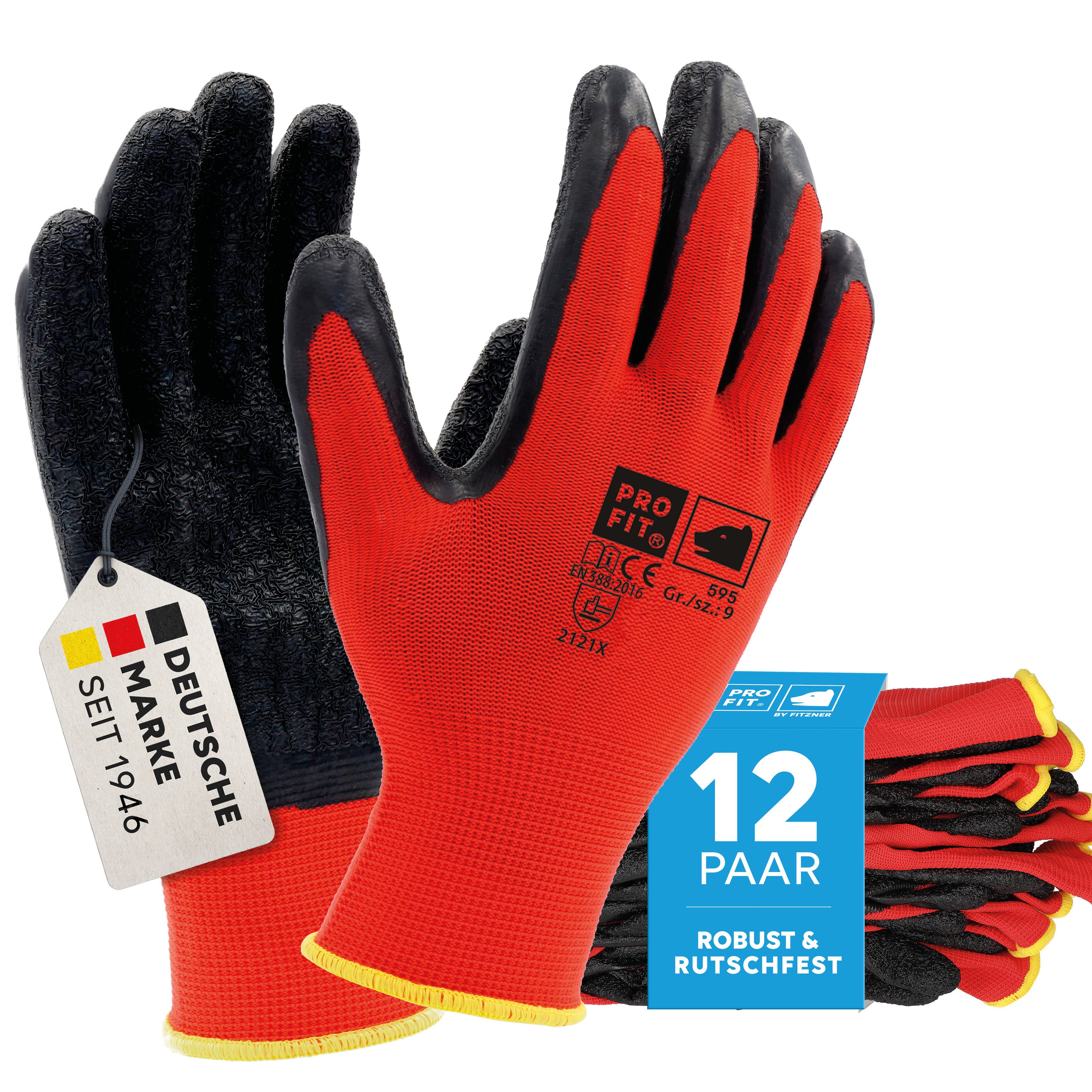 PRO FIT by Fitzner Mechaniker-Handschuhe Latex-Feinstrickhandschuh, Arbeitshandschuhe, Unisex (12, Paar) Wasserdichte Handinnenfläche