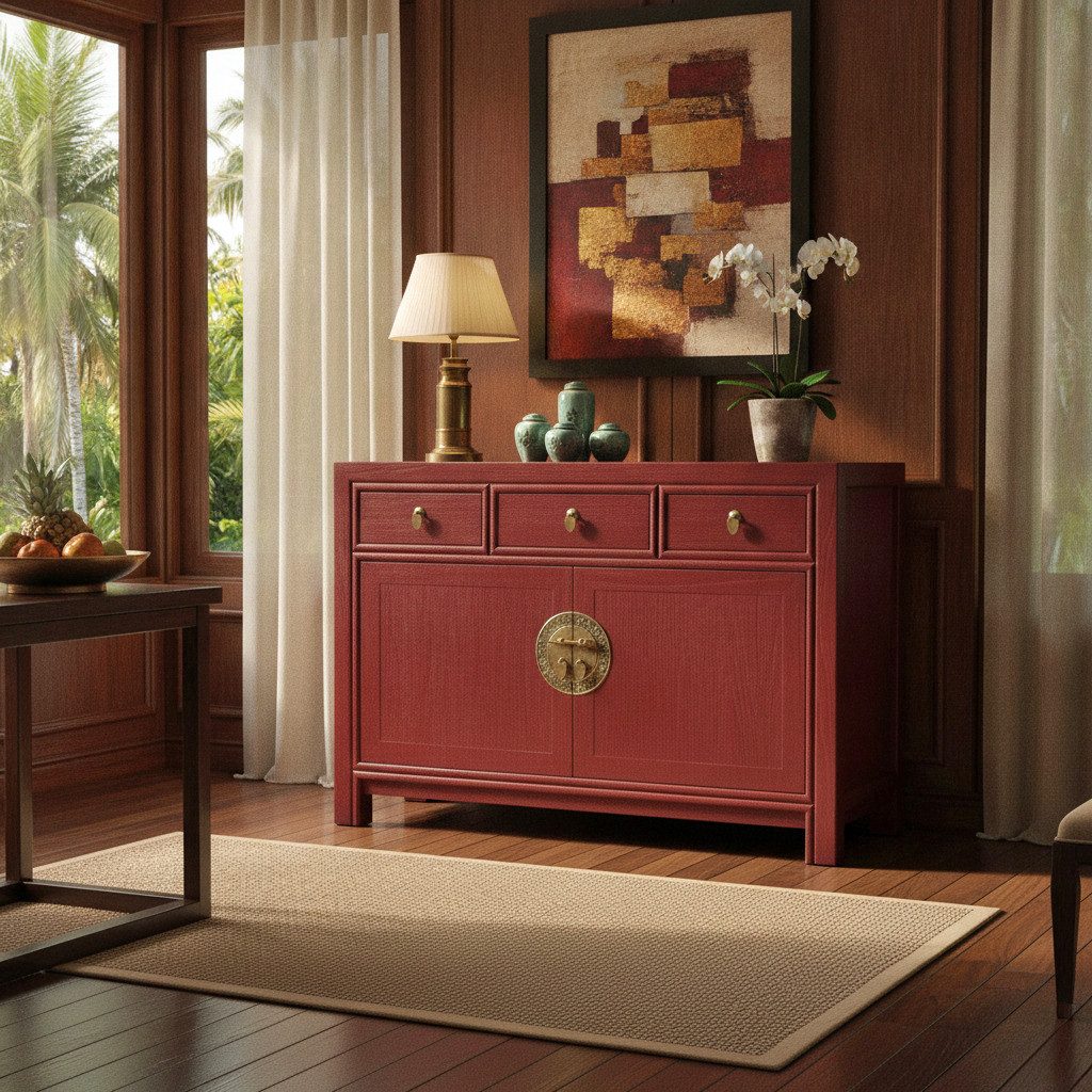 OPIUM OUTLET Kommode Vintage Schrank Sideboard rot asiatisch chinesisch orientalisch (B x T x H: 117 x 40 x 85 cm, Anrichte Buffet rot), Asia Möbel Hochzeitsschrank komplett montiert