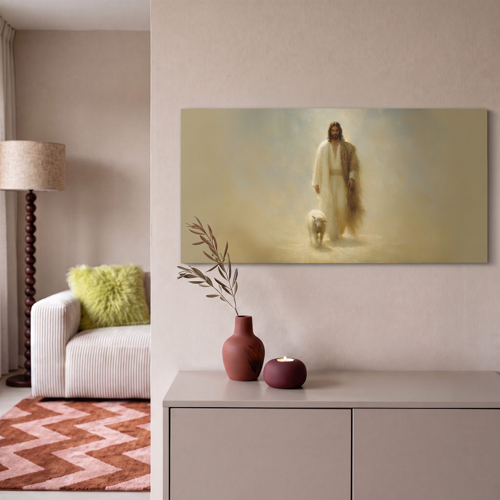 OneMillionCanvasses® Leinwandbild Panorama Schaf - Jesus - Pinselstriche - Abstrakt, Fotodruck (1 St), Wandbild, Deko Schlafzimmer Wohnzimmer Flur 40x20 cm – Bild 2 von 5