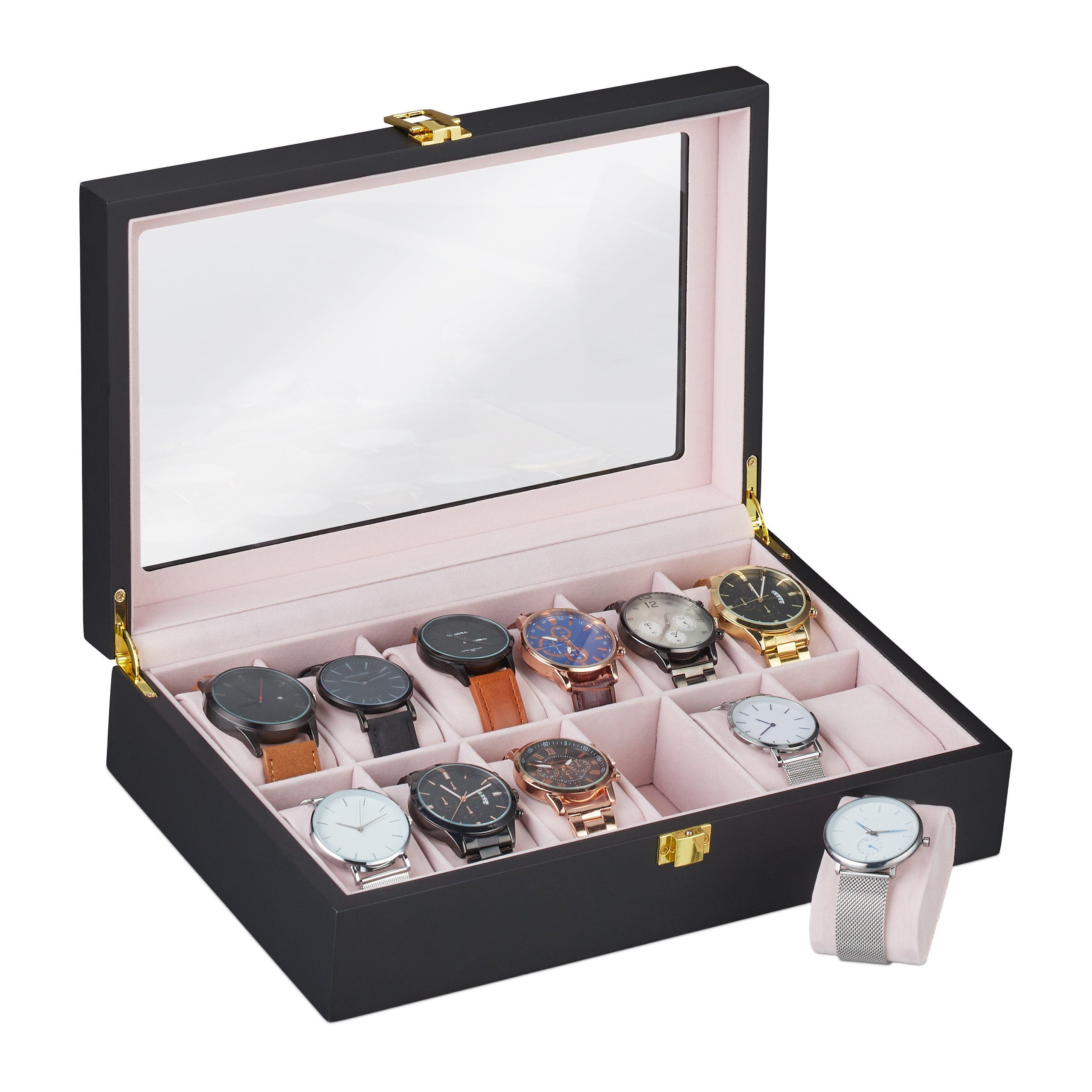 relaxdays Uhrenbox Uhrenbox mit 12 Fächern | Uhrenboxen