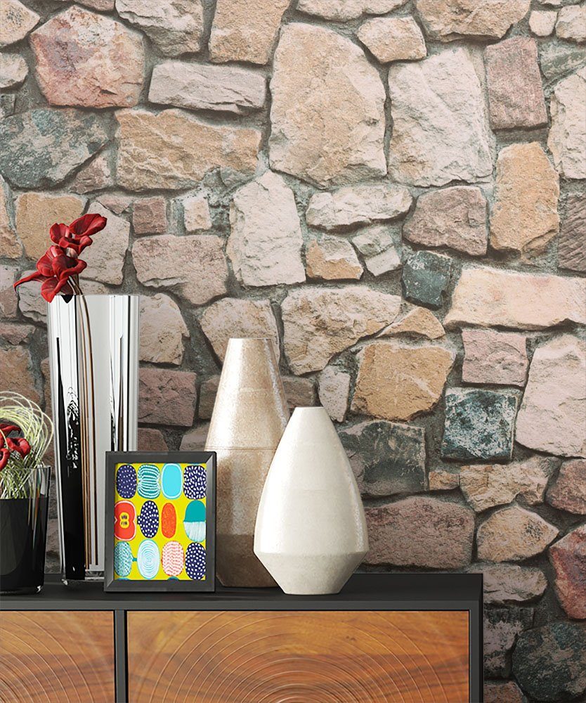 Newroom Papiertapete Bunt Tapete Ziegelstein Stein, Steintapete Beige Steintapete Ziegelstein Backstein Mauerwerk Klinker Stein Tapete Steinoptik Wohnzimmer, Backstein