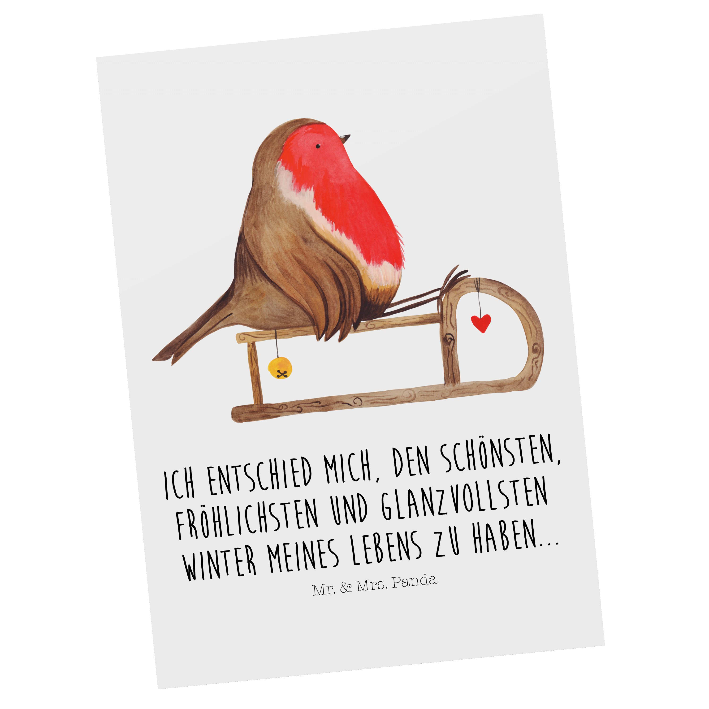 Mr. & Mrs. Panda Postkarte Rotkehlchen Schlitten - Weiß - Geschenk, Einladungskarte, Vogel, Wei