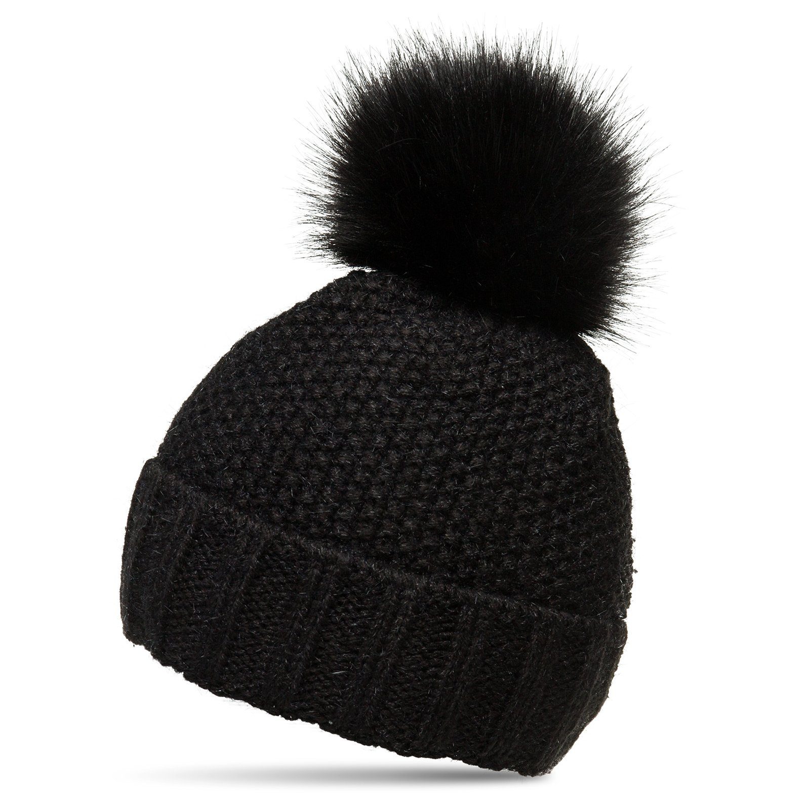 Bommelmütze MU173 Damen Winter Mütze Strickmütze Bommelmütze mit Kunstfell Bommel