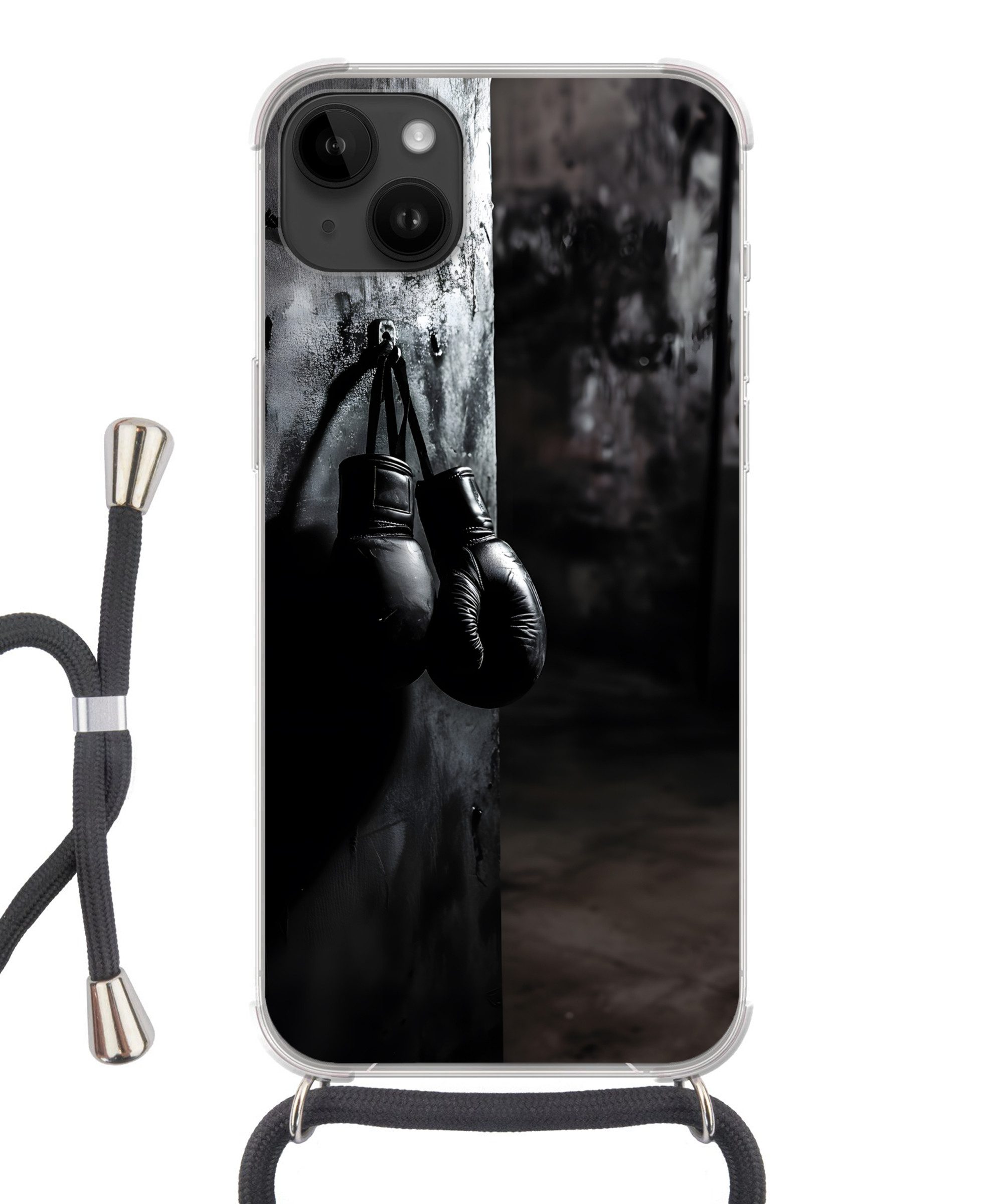 MuchoWow Handyhülle für Apple iPhone 14 Max Boxhandschuhe - Wand - Dunkel - Schwarz, Tragbare Handyhüllen mit Kette zum umhängen, Handykette Handyband