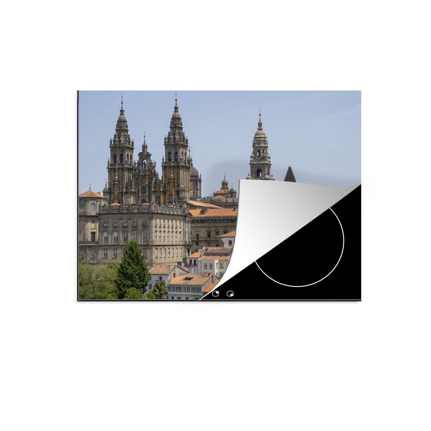 MuchoWow Herdblende-/Abdeckplatte Stadtbild von Santiago de Compostela, Vinyl, (1 tlg), 70x52 cm, Mobile Arbeitsfläche nutzbar, Ceranfeldabdeckung