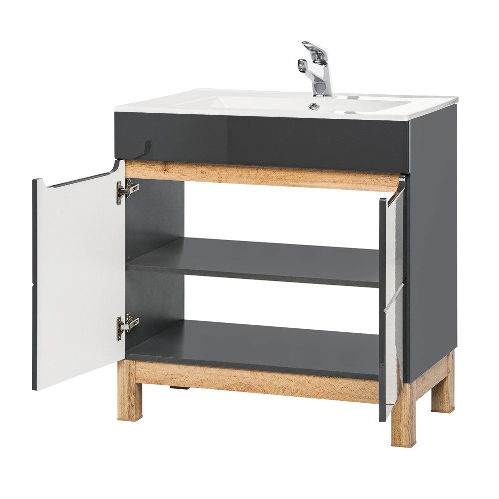 Lomadox Waschtisch SOLNA-56, unterschrank mit 81cm Keramik- Hochglanz grau, Wotaneiche, 81x85x46cm
