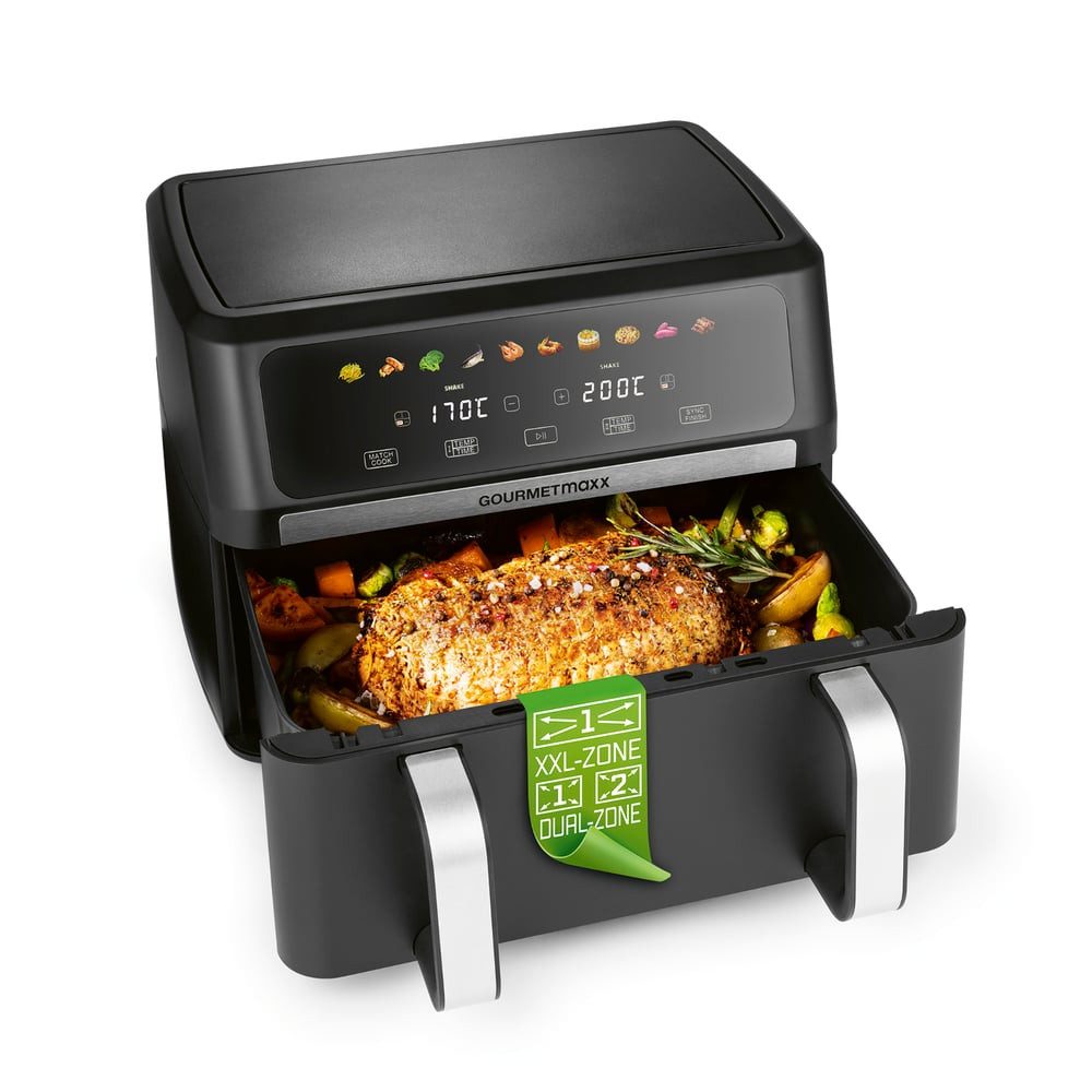 GOURMETmaxx Heißluftfritteuse GOURMETmaxx Heißluft-Fritteuse 2800W schwarz/Edelstahl Vario-Doppelkammer 10l, 2800 W, Heißluftfritteuse XXL - 10 Programme - 8° geneigter Colour-Touchscreen