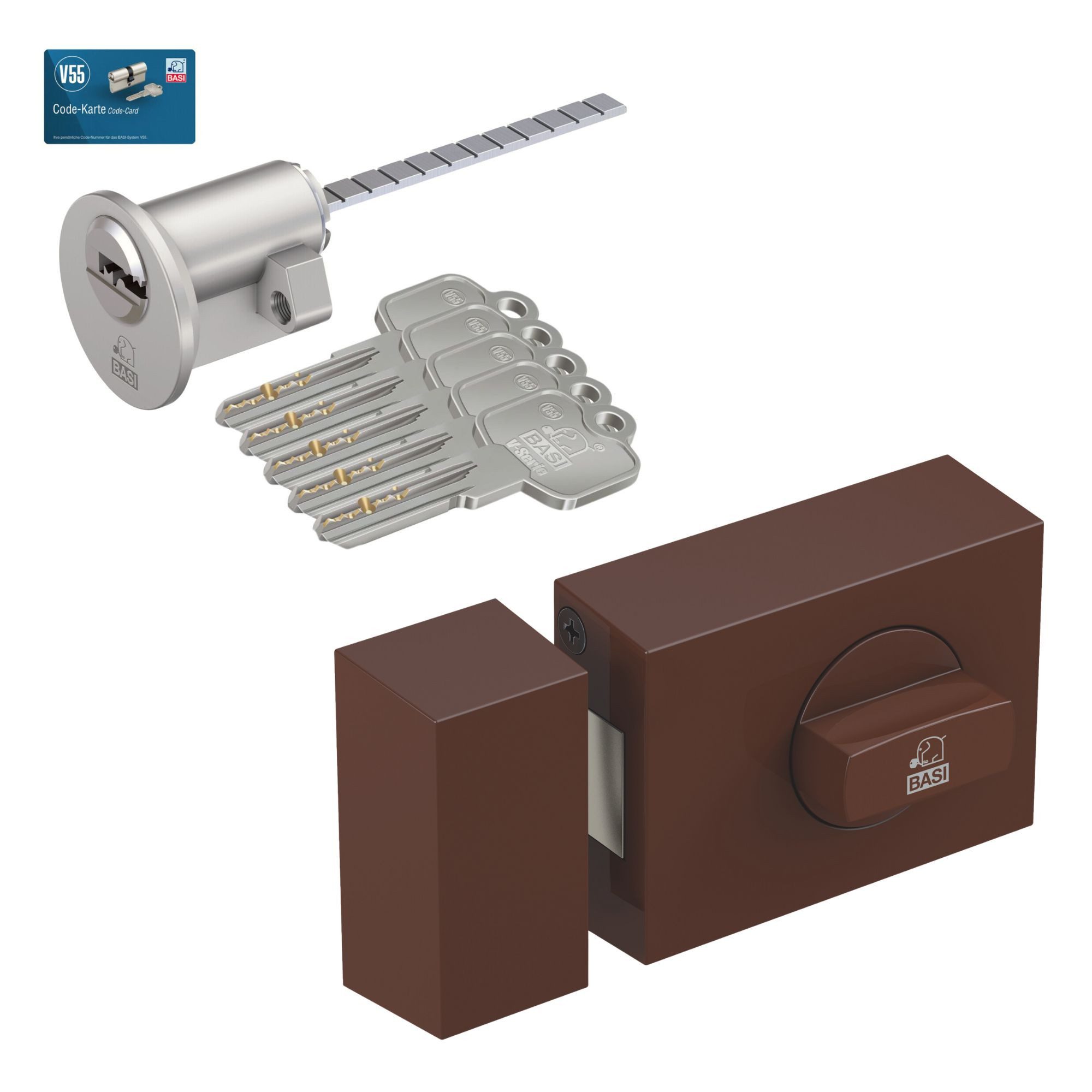 BASI Türzusatzschloss Kastenschloss (Spar-Set), im Set mit Außenzylinder, Drehknauf, Sperrriegel, Dornmaß 70 mm, braun