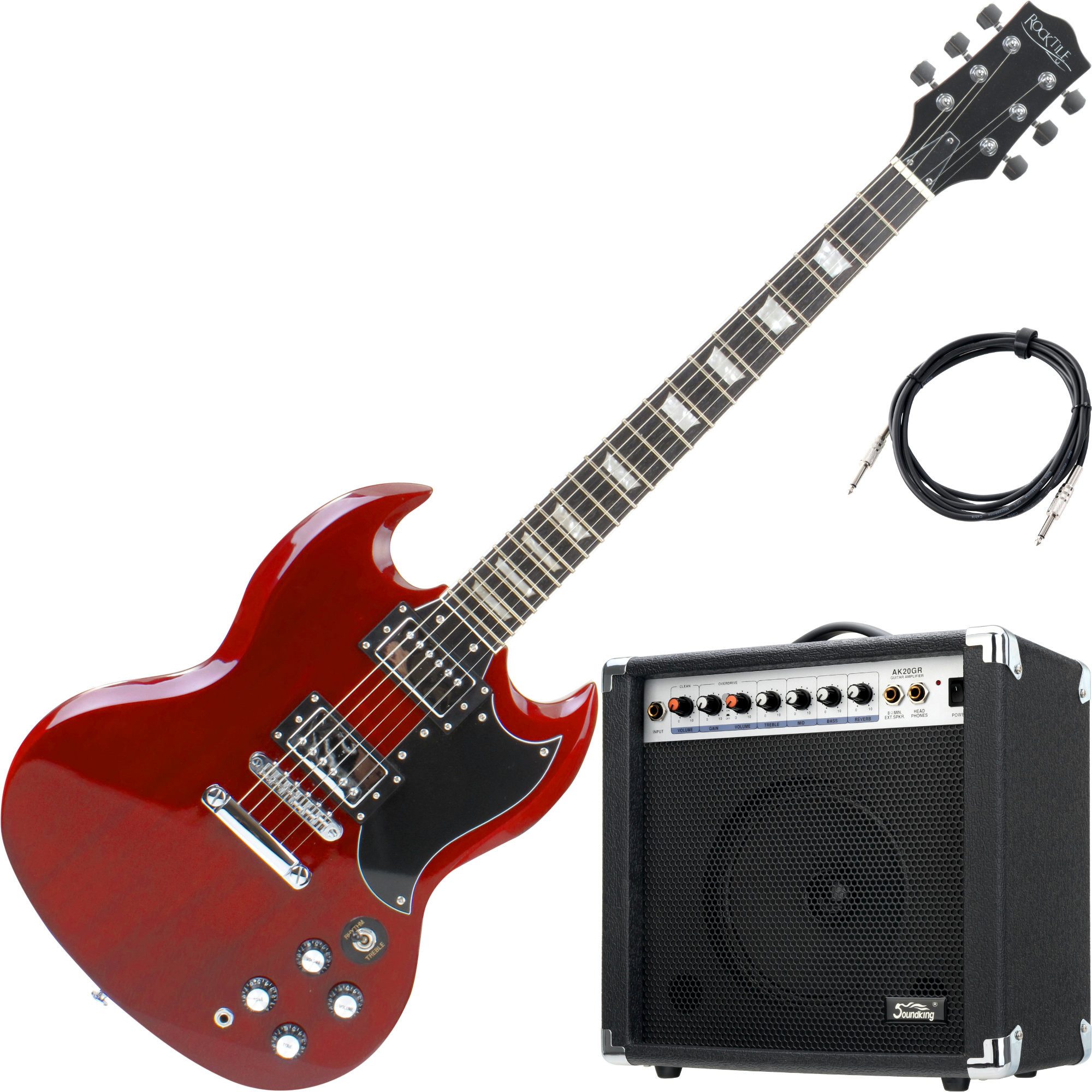 Rocktile E-Gitarre Pro S-Red E-Gitarre HC AK20GR Set, Double Cut, Spar-Set, inkl. Gitarrenverstärker und Kabel, Lindenholz Korpus - Ahorn Hals